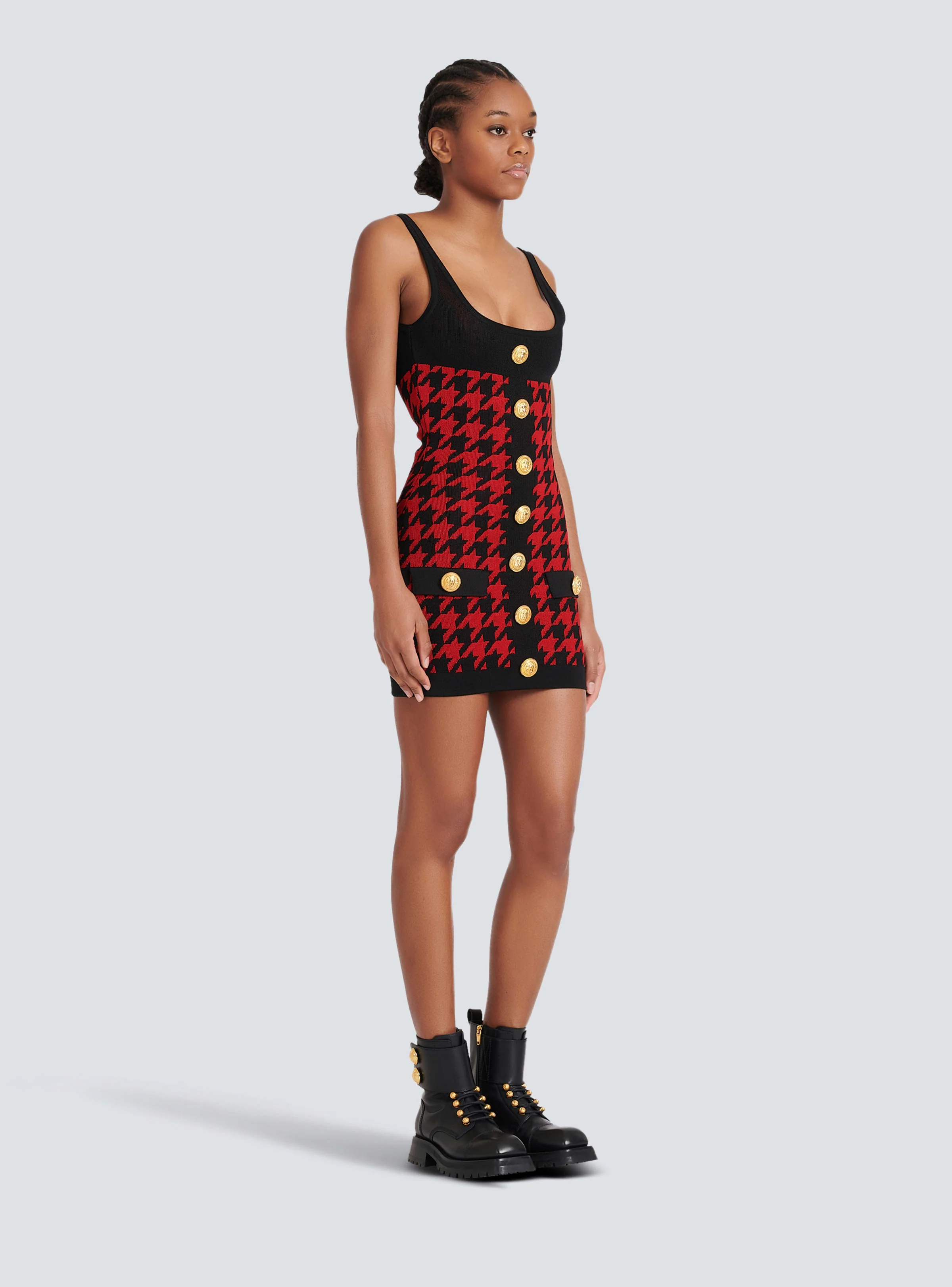 BALMAIN WOMEN'S BLACK RED HOUNDSTOOTH KNIT BODYCON DRESS - Image 3