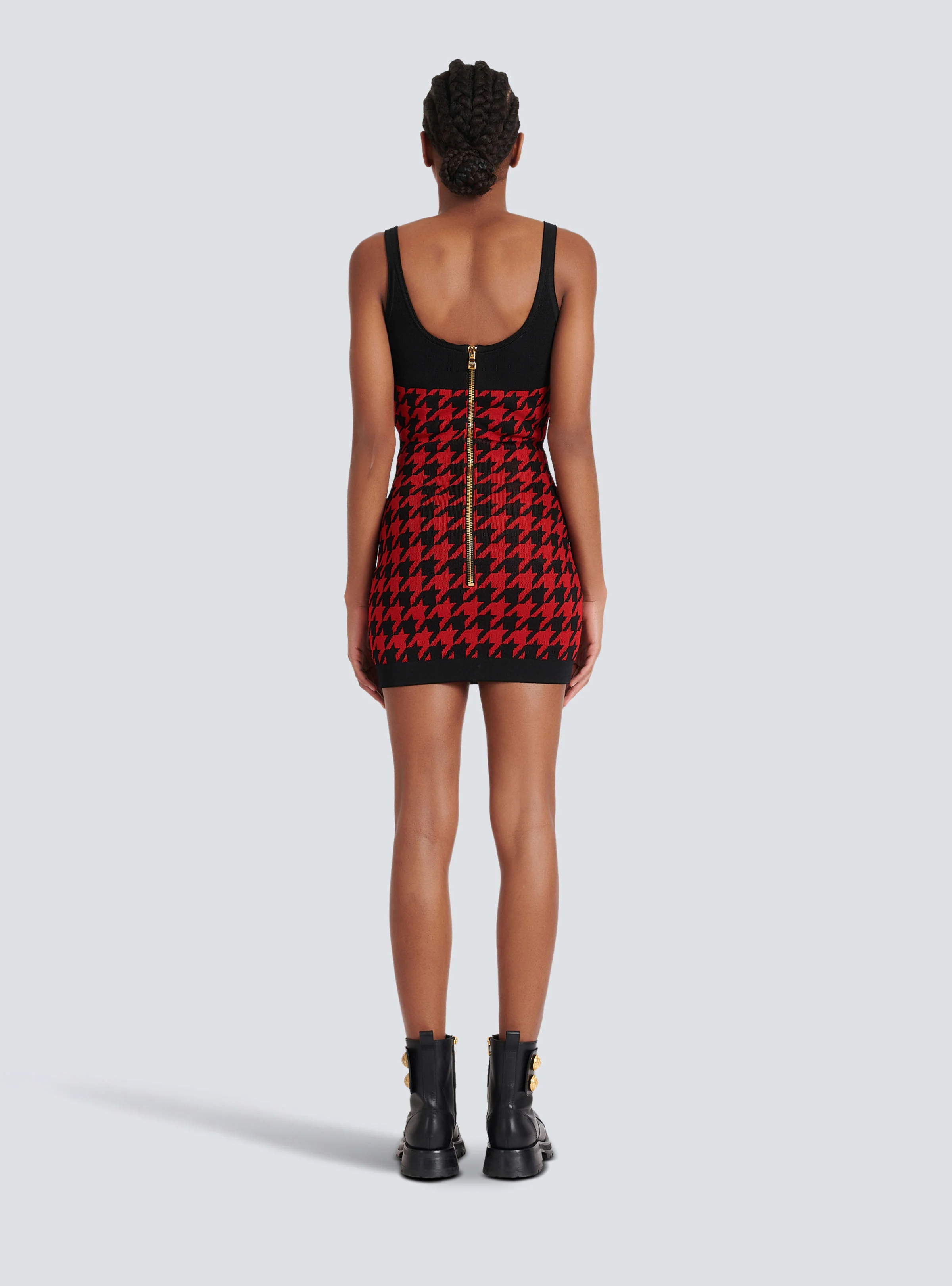 BALMAIN WOMEN'S BLACK RED HOUNDSTOOTH KNIT BODYCON DRESS - Image 4