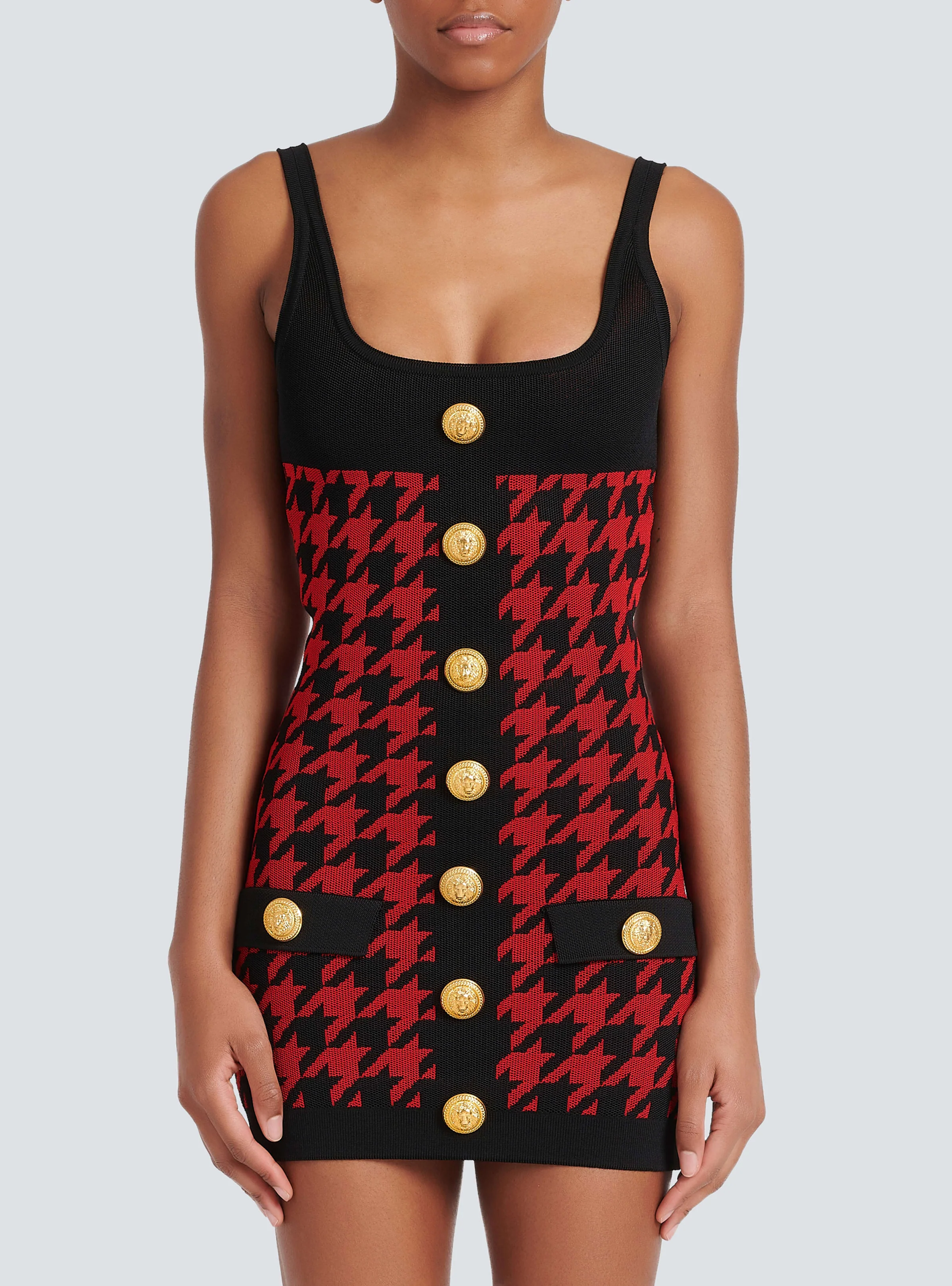 BALMAIN WOMEN'S BLACK RED HOUNDSTOOTH KNIT BODYCON DRESS - Image 5