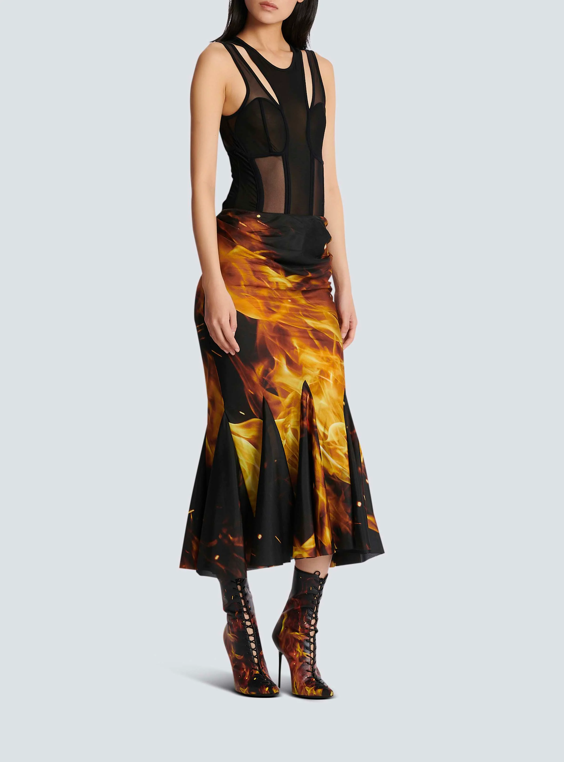 BALMAIN WOMEN'S BLACK YELLOW DRAPED FIRE PRINT SKIRT - Image 3