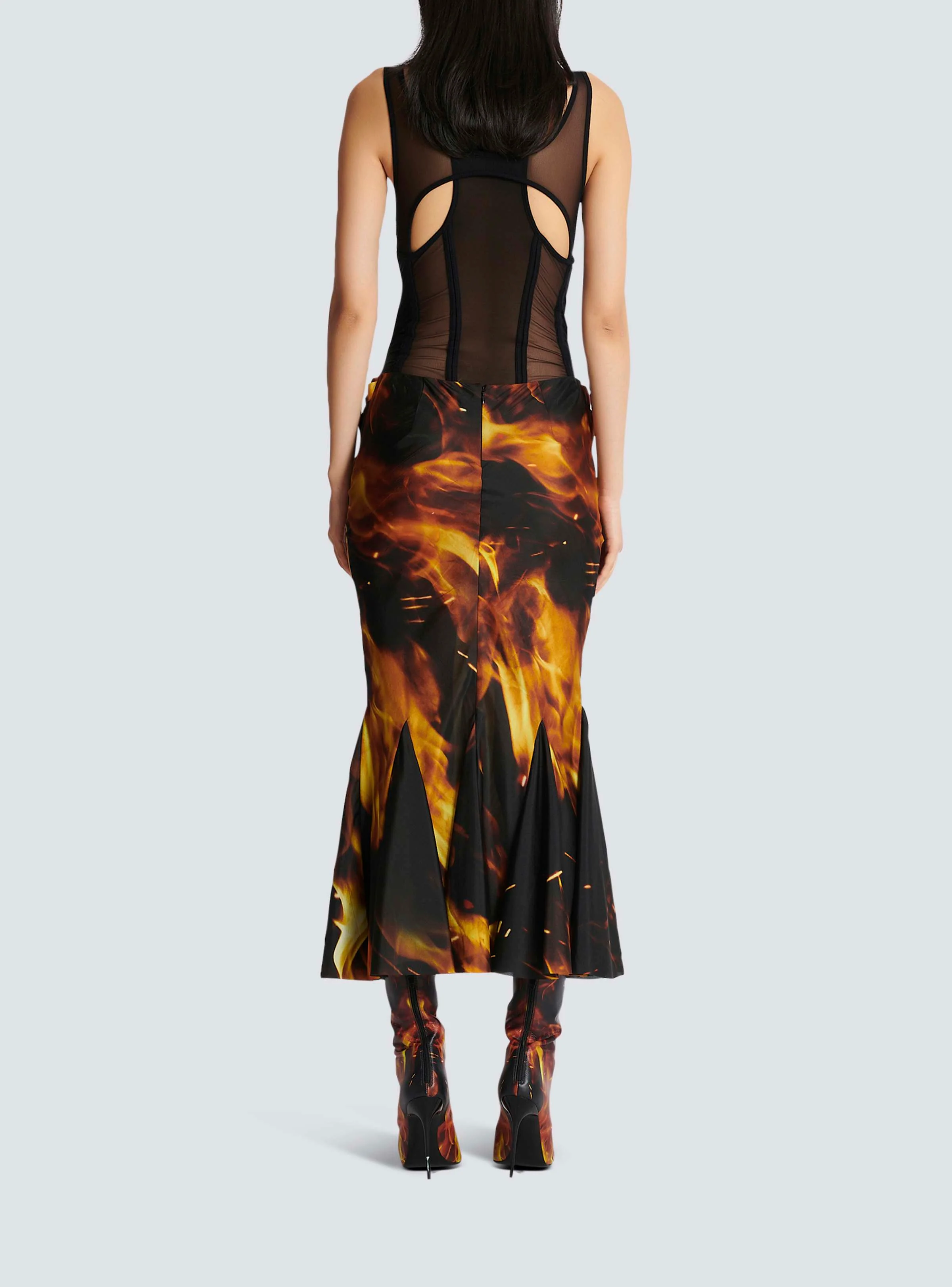 BALMAIN WOMEN'S BLACK YELLOW DRAPED FIRE PRINT SKIRT - Image 4