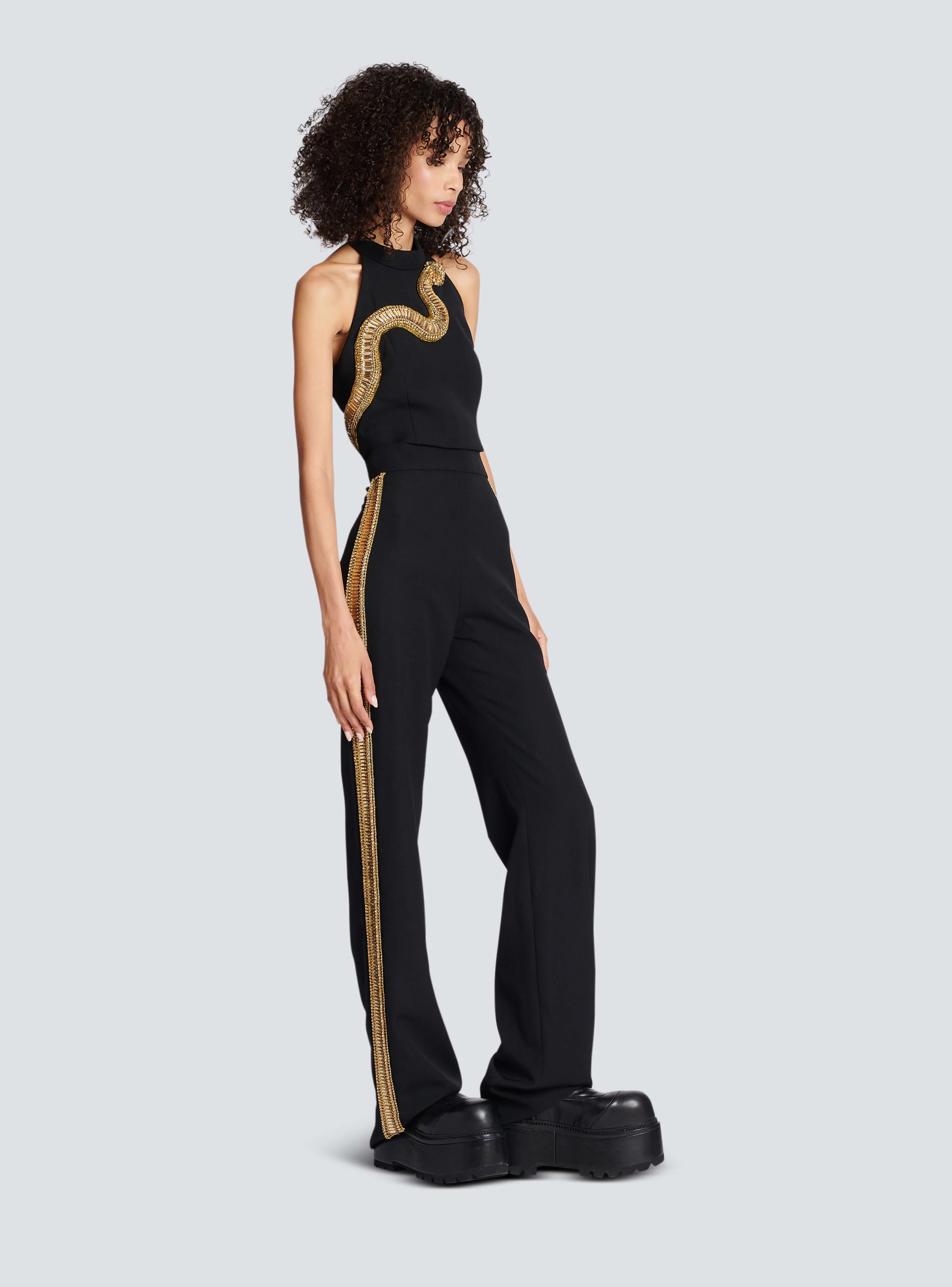 BALMAIN WOMEN'S BLACK GOLD EMBROIDERED WIDE-LEG TROUSERS - Image 3