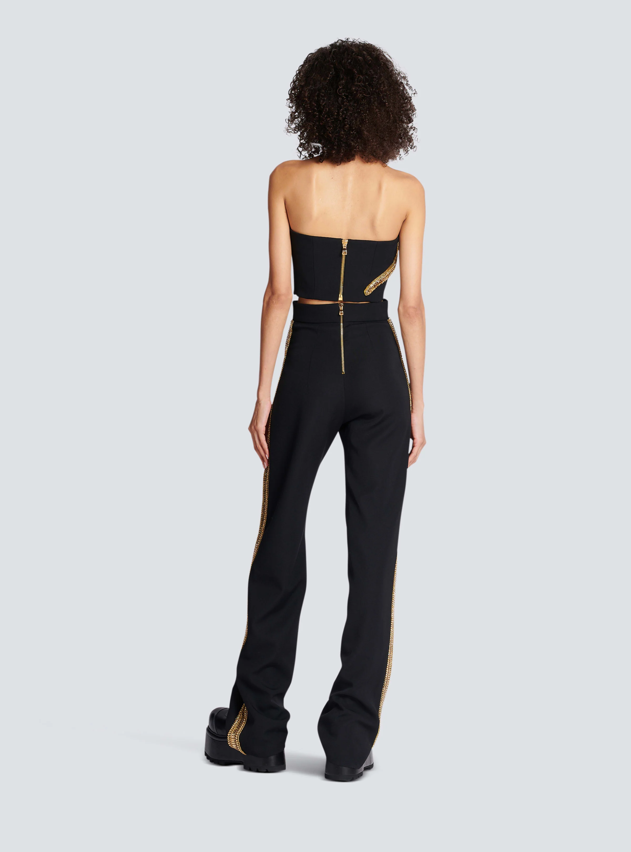 BALMAIN WOMEN'S BLACK GOLD EMBROIDERED WIDE-LEG TROUSERS - Image 4
