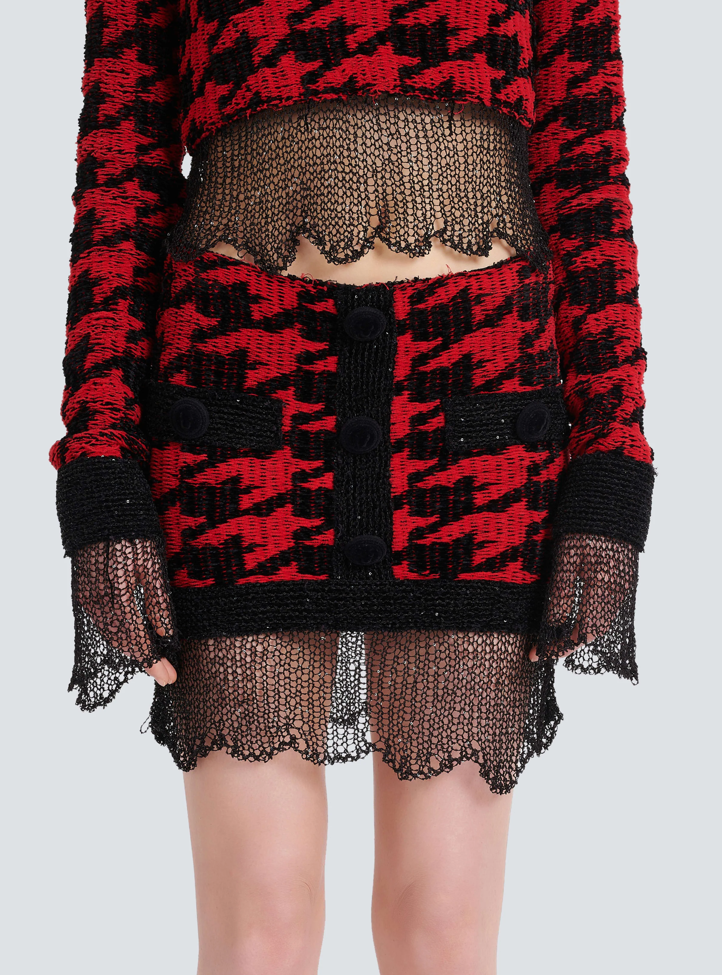 BALMAIN WOMEN'S HOUNDSTOOTH DESTROY KNIT MINI SKIRT NWT - Image 5