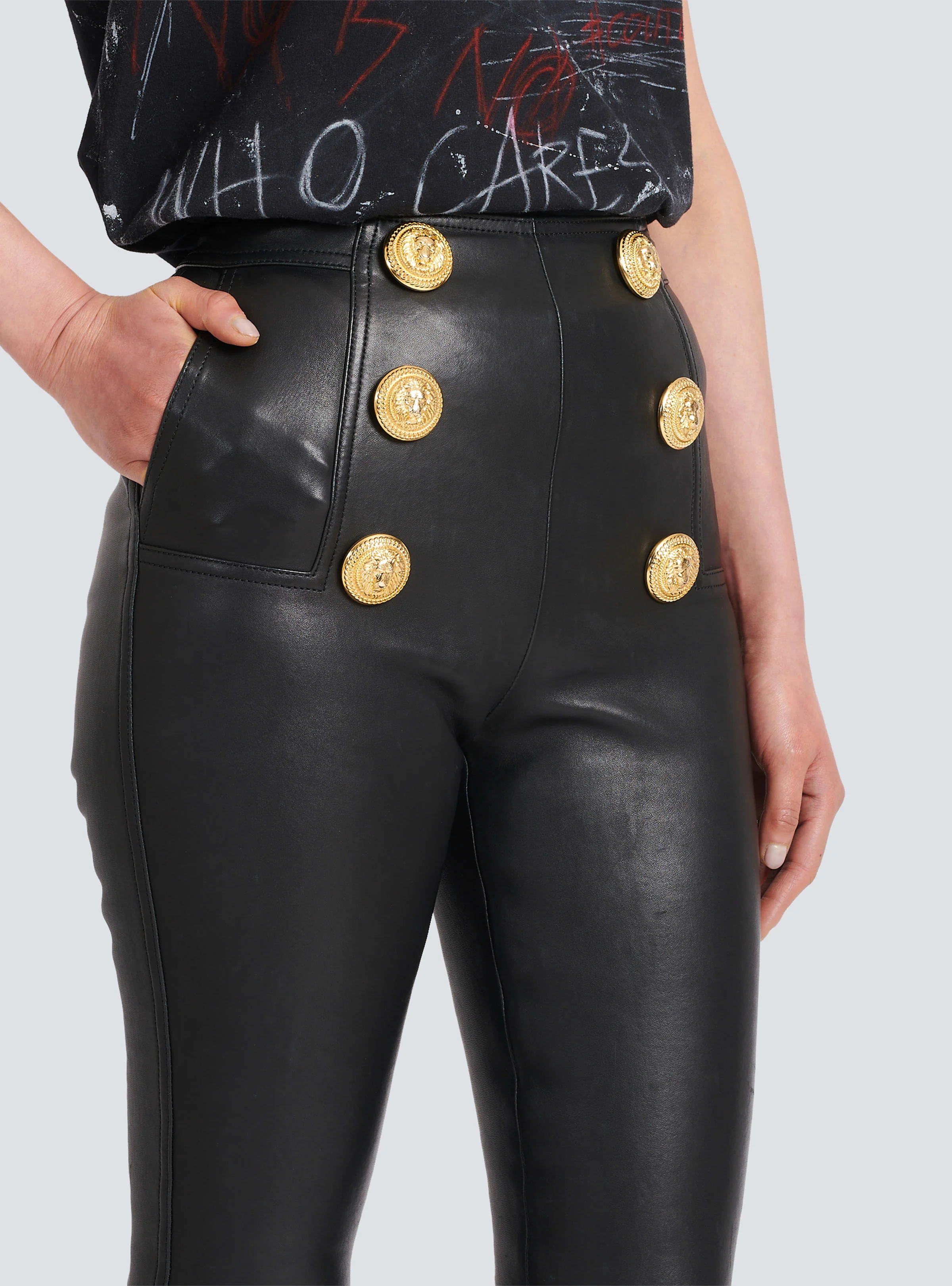 BALMAIN WOMEN'S HW 6 BTN LEATHER SKINNY PANTS NWT - Image 6