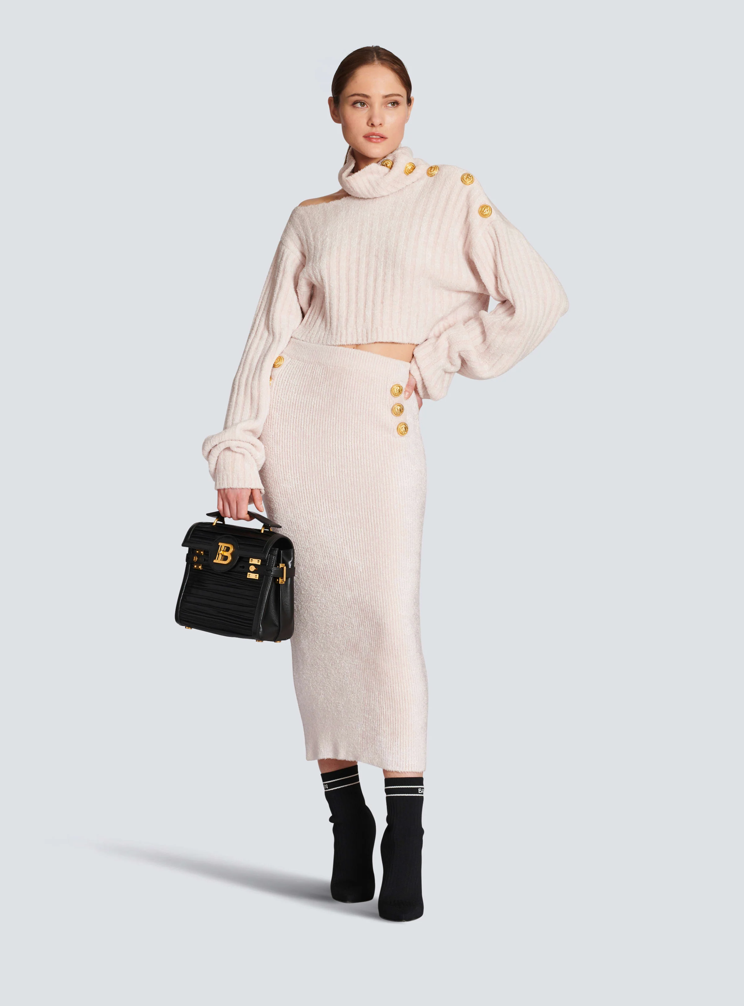 BALMAIN WOMEN'S OFF-WHITE RIBBED VELVET MIDI SKIRT - Image 2