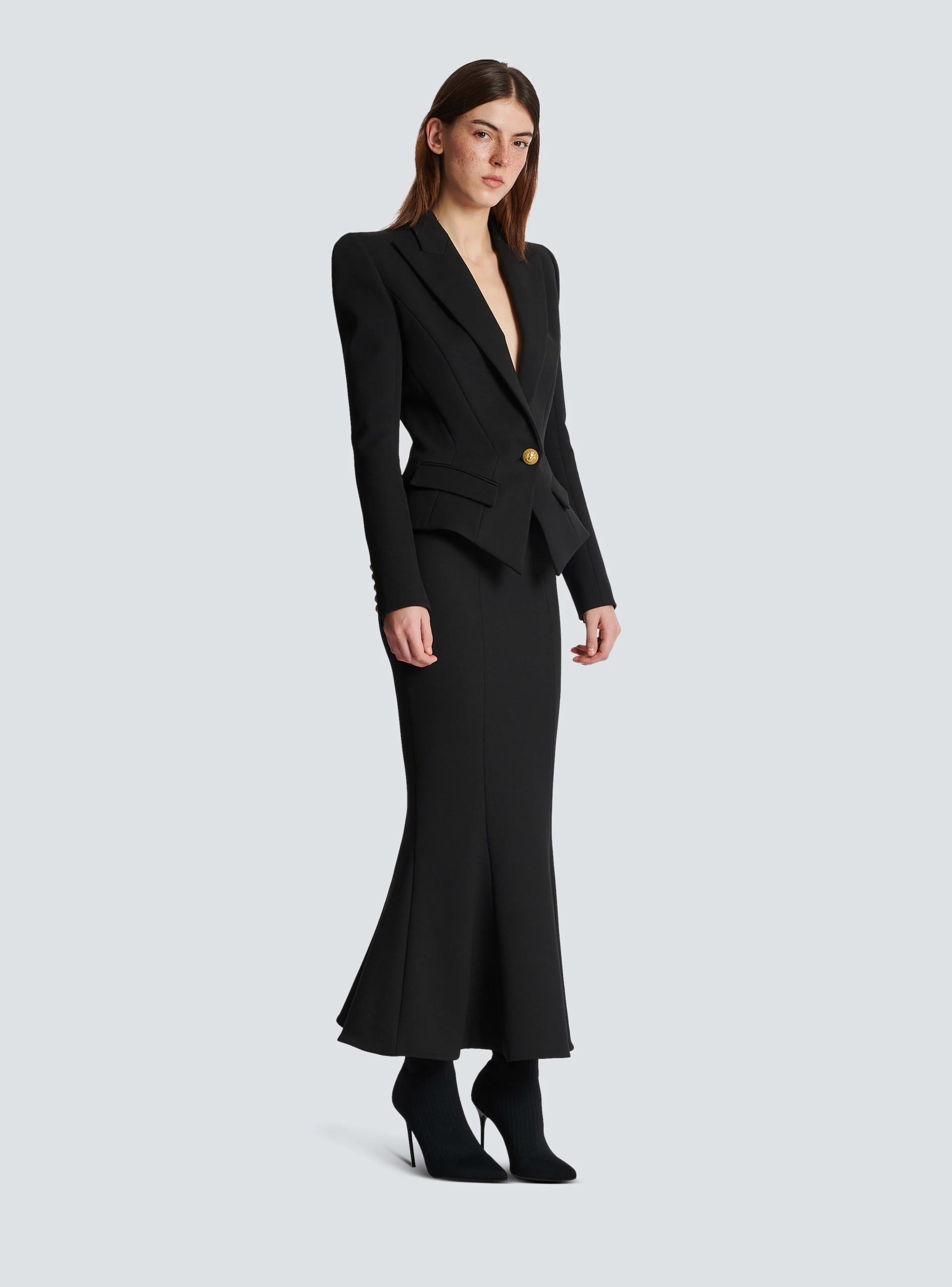 BALMAIN WOMEN'S HW 6 BTN STRETCH GDP MIDI SKIRT NWT - Image 3