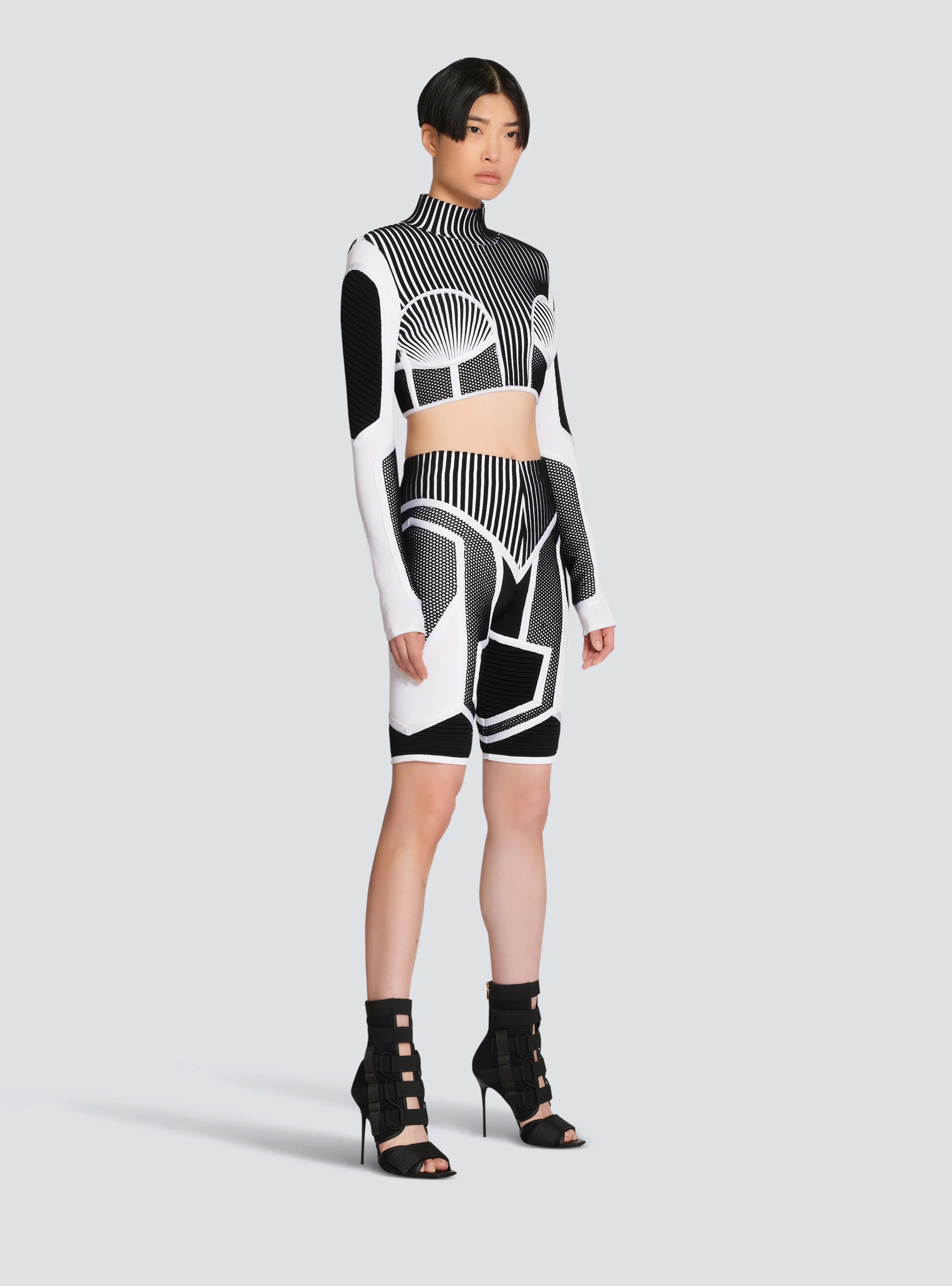 BALMAIN WOMEN'S HW BIKER KNIT & MESH CYCLIST SHORTS NWT - Image 3