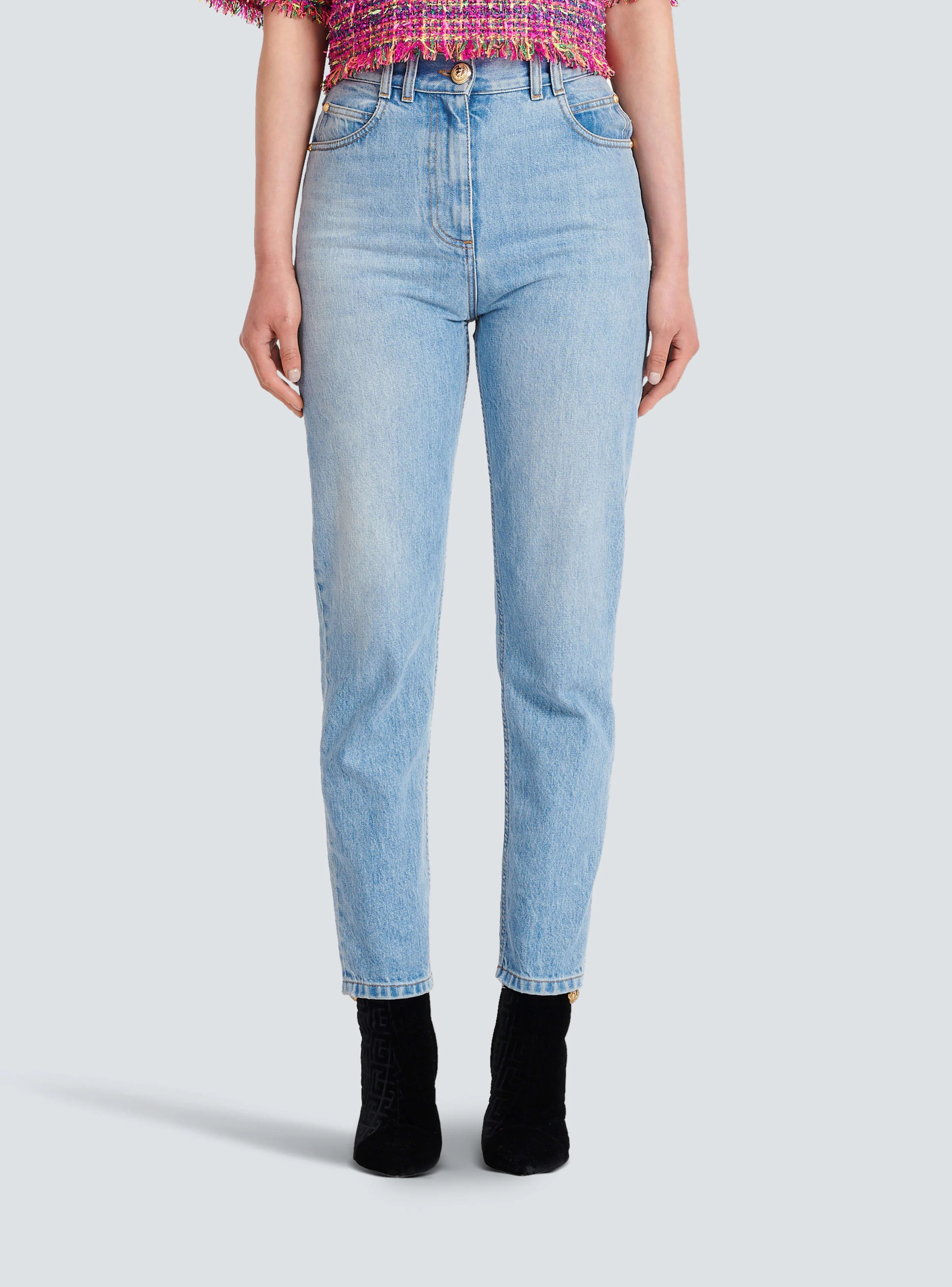 BALMAIN WOMEN'S LIGHT BLUE DENIM SLIM JEANS - Image 5
