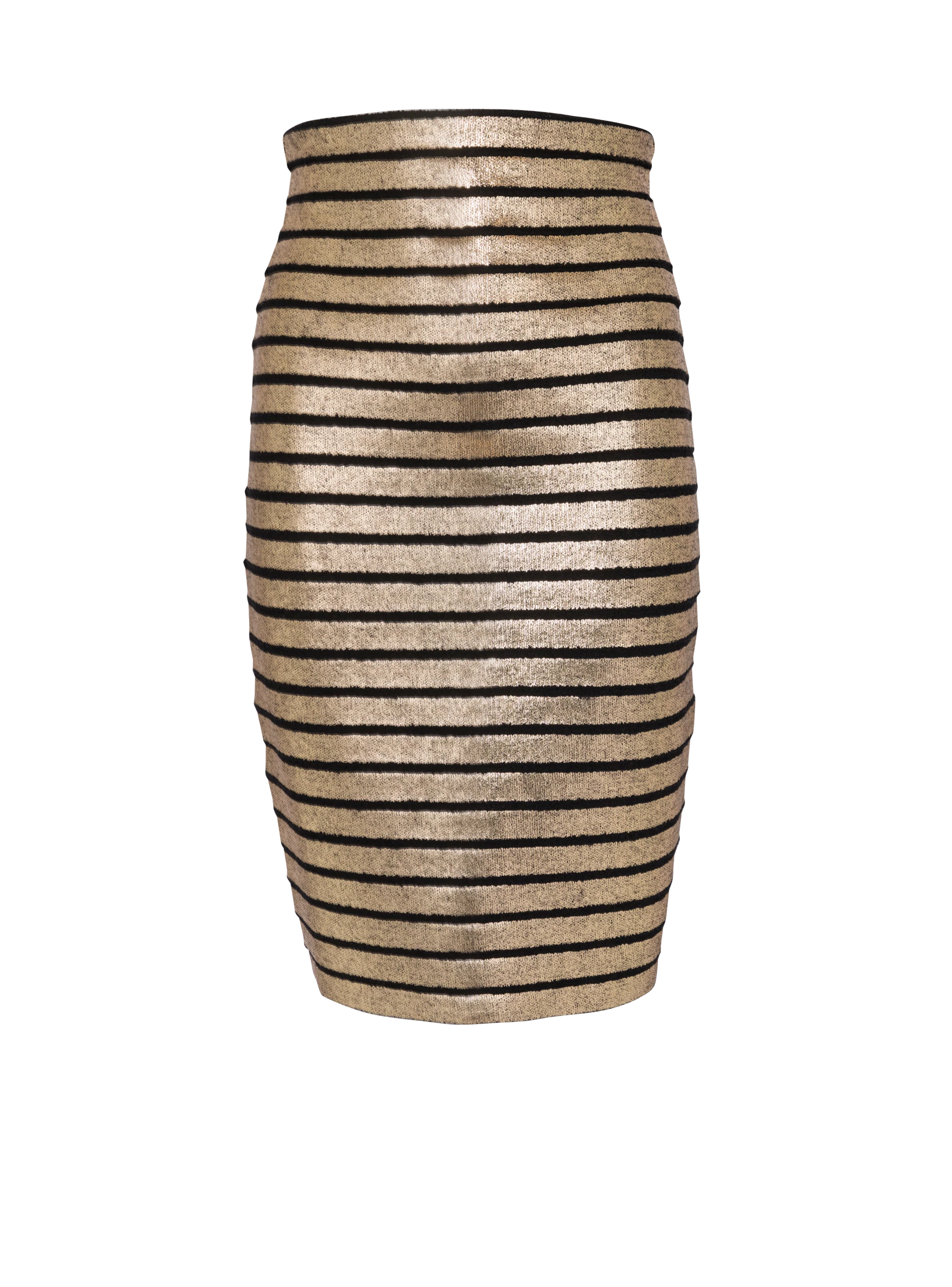 BALMAIN WOMEN'S HW GOLDEN STRIPED KNIT KNEE SKIRT NWT