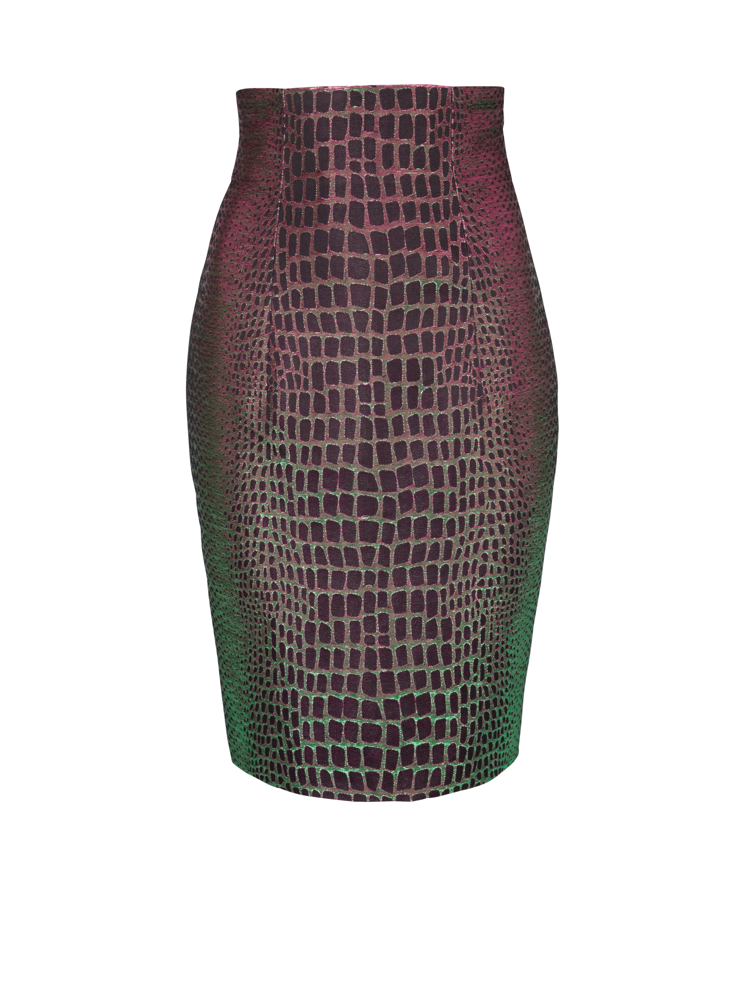 BALMAIN WOMEN'S HW IRIDESCENT CROCO JACQUARD KNEE SKIRT NWT