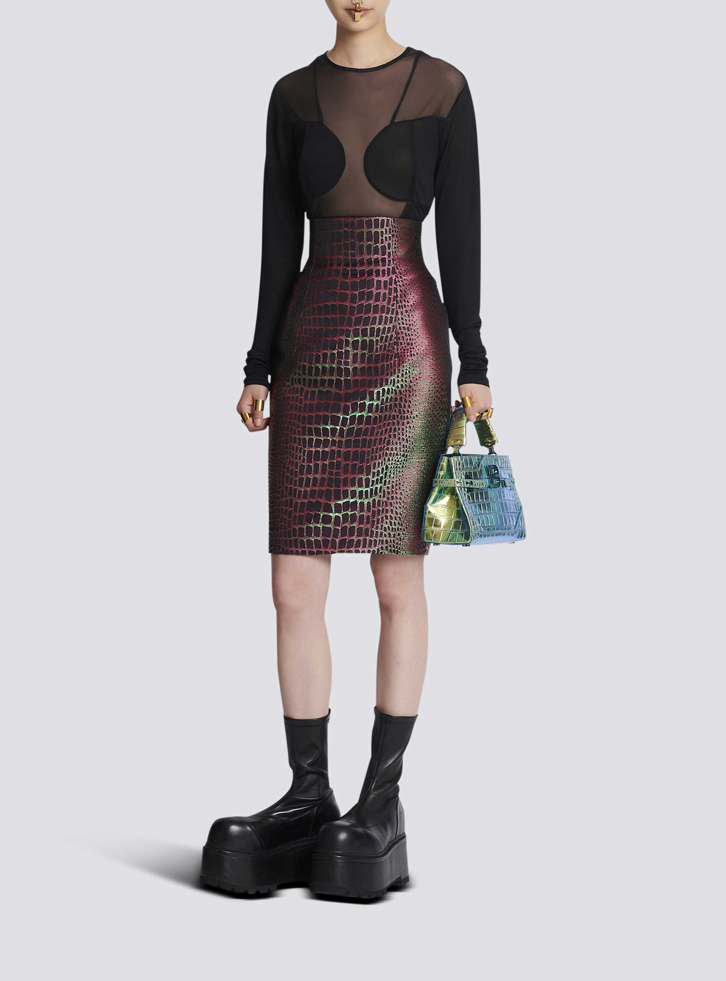 BALMAIN WOMEN'S HW IRIDESCENT CROCO JACQUARD KNEE SKIRT NWT - Image 2