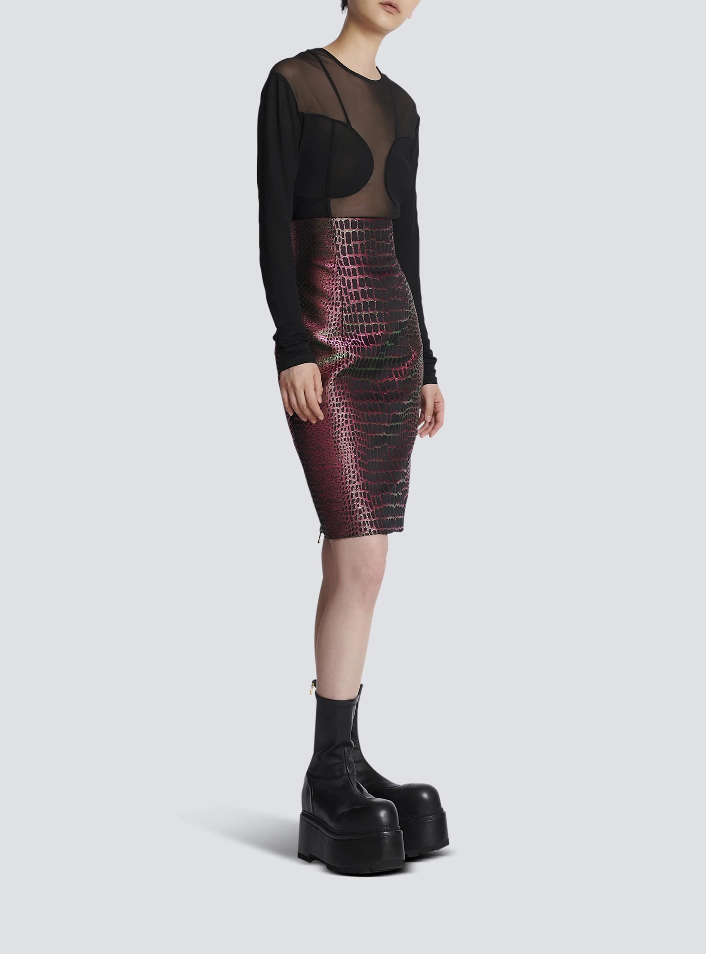 BALMAIN WOMEN'S HW IRIDESCENT CROCO JACQUARD KNEE SKIRT NWT - Image 3