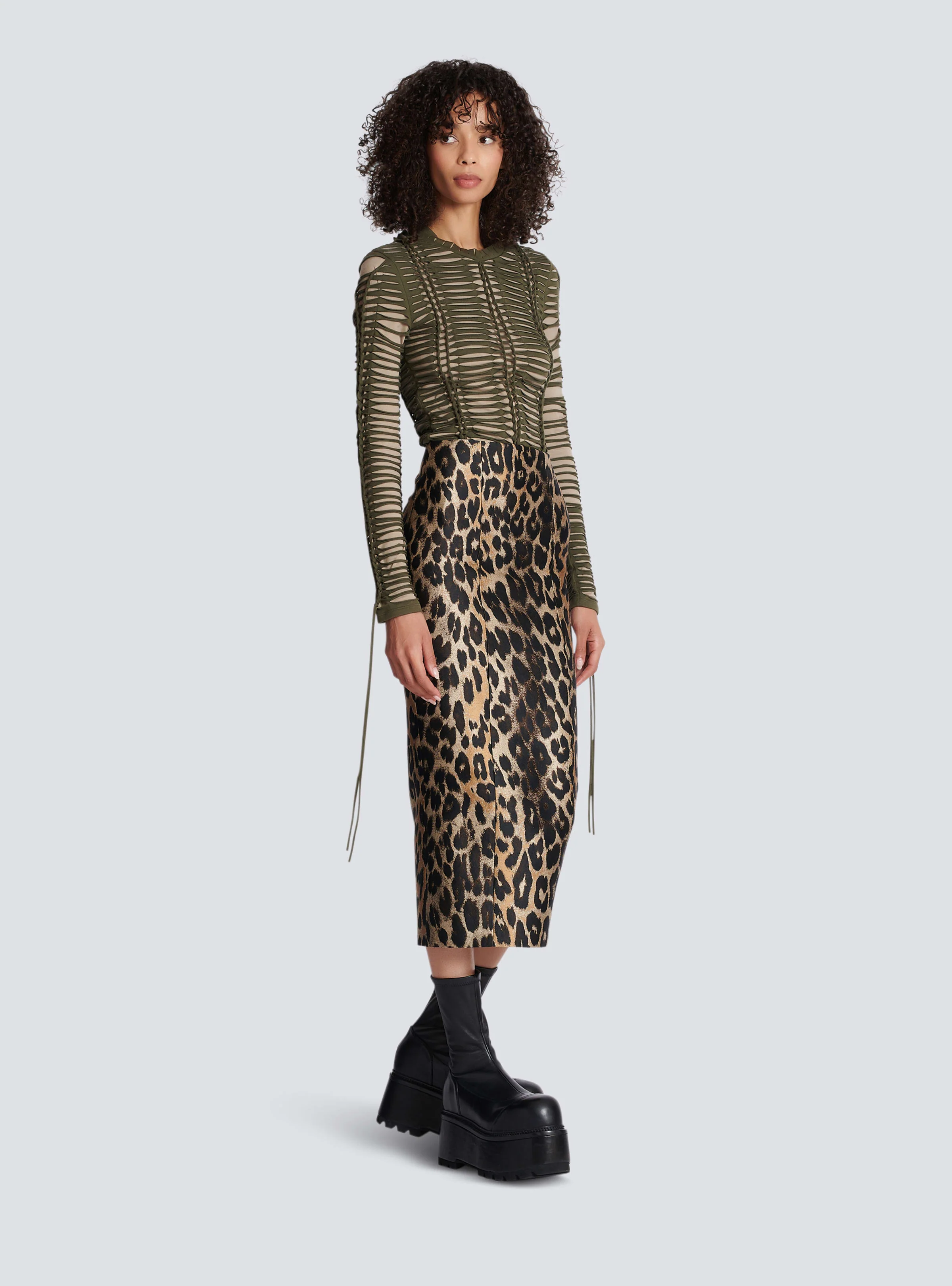 BALMAIN WOMEN'S MULTI-BROWN LEOPARD JACQUARD PENCIL SKIRT - Image 3