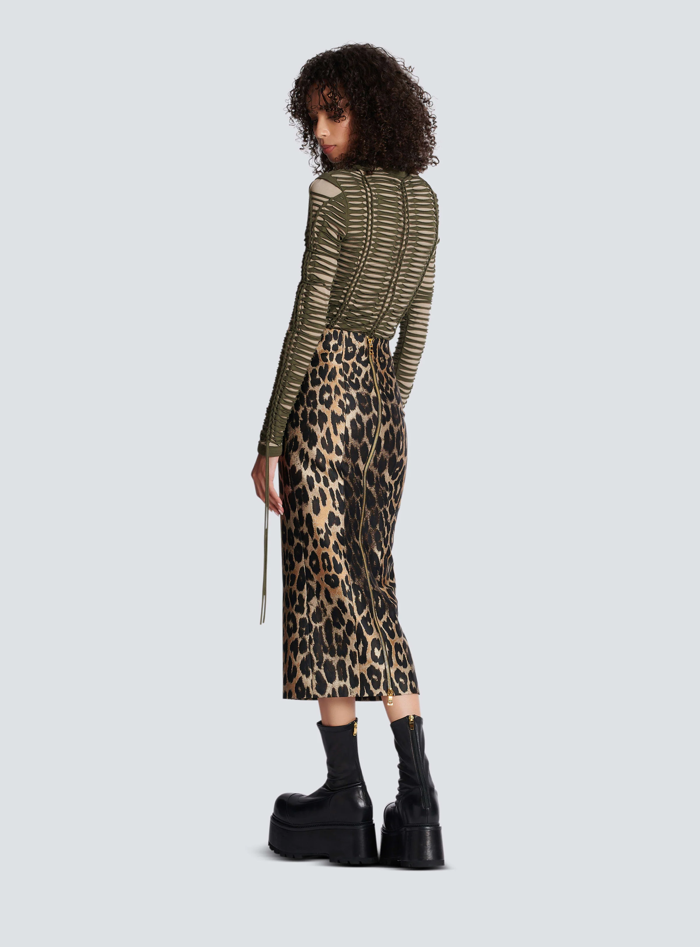 BALMAIN WOMEN'S MULTI-BROWN LEOPARD JACQUARD PENCIL SKIRT - Image 4