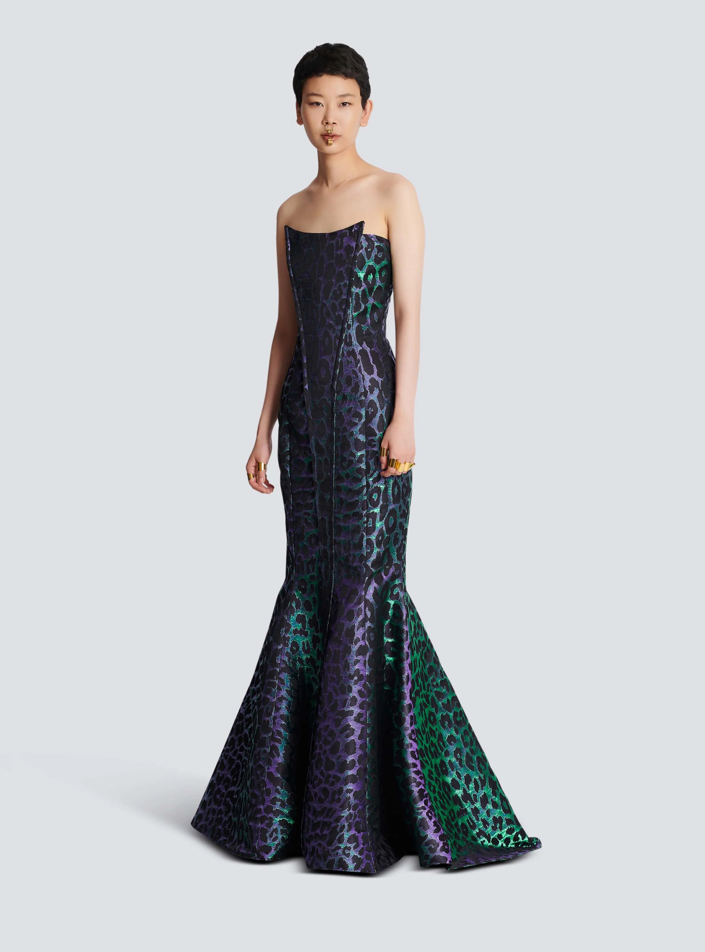 BALMAIN WOMEN'S IRIDESCENT LEOPARD BUSTIER LONG DRESS NWT - Image 2
