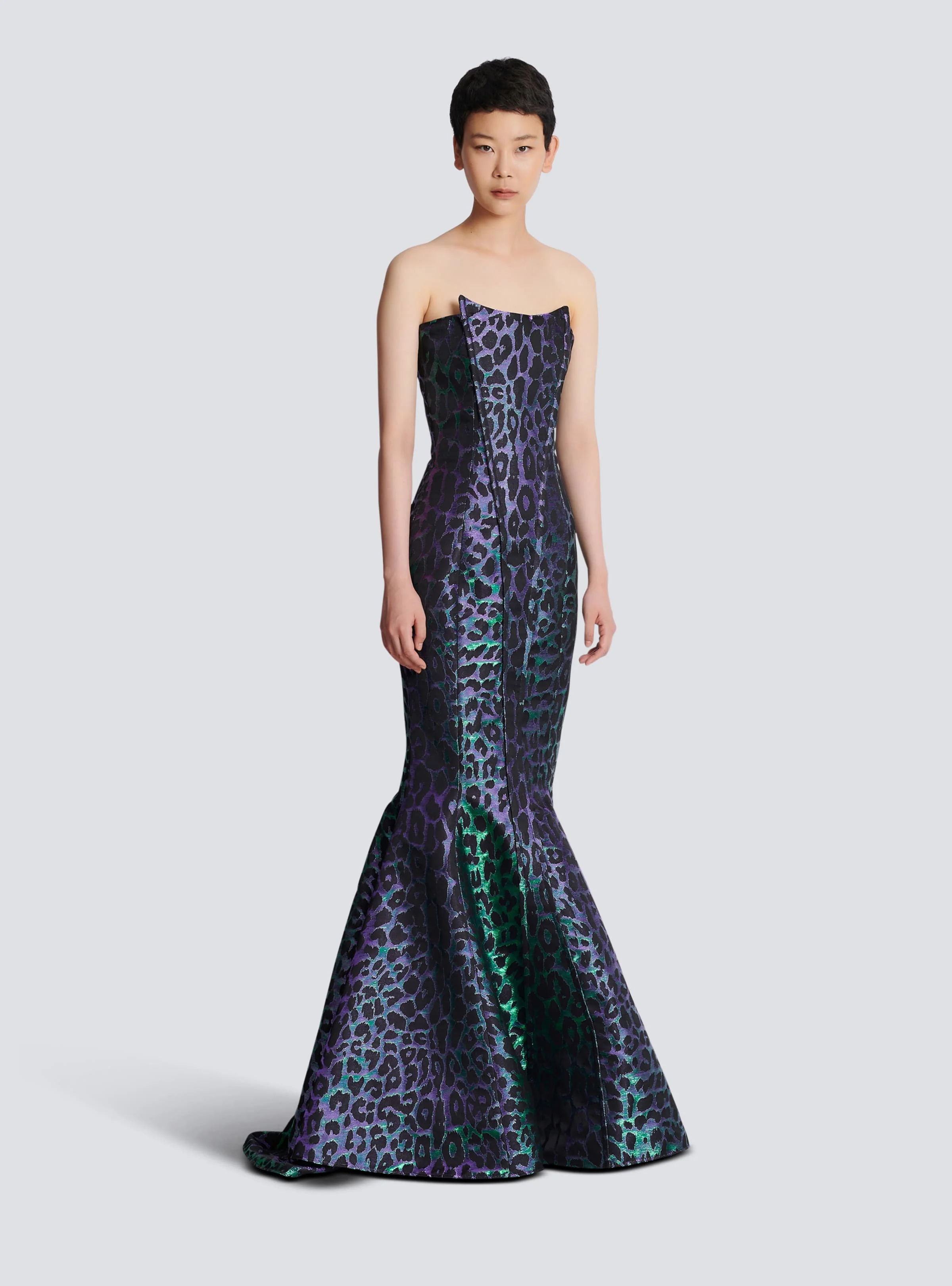 BALMAIN WOMEN'S IRIDESCENT LEOPARD BUSTIER LONG DRESS NWT - Image 3