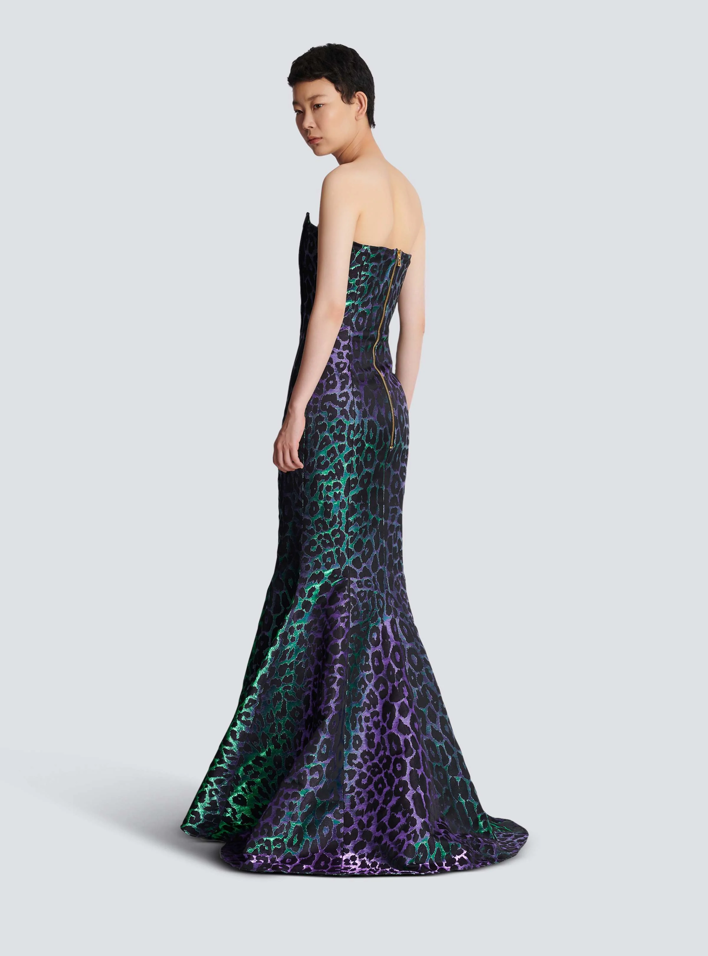 BALMAIN WOMEN'S IRIDESCENT LEOPARD BUSTIER LONG DRESS NWT - Image 4