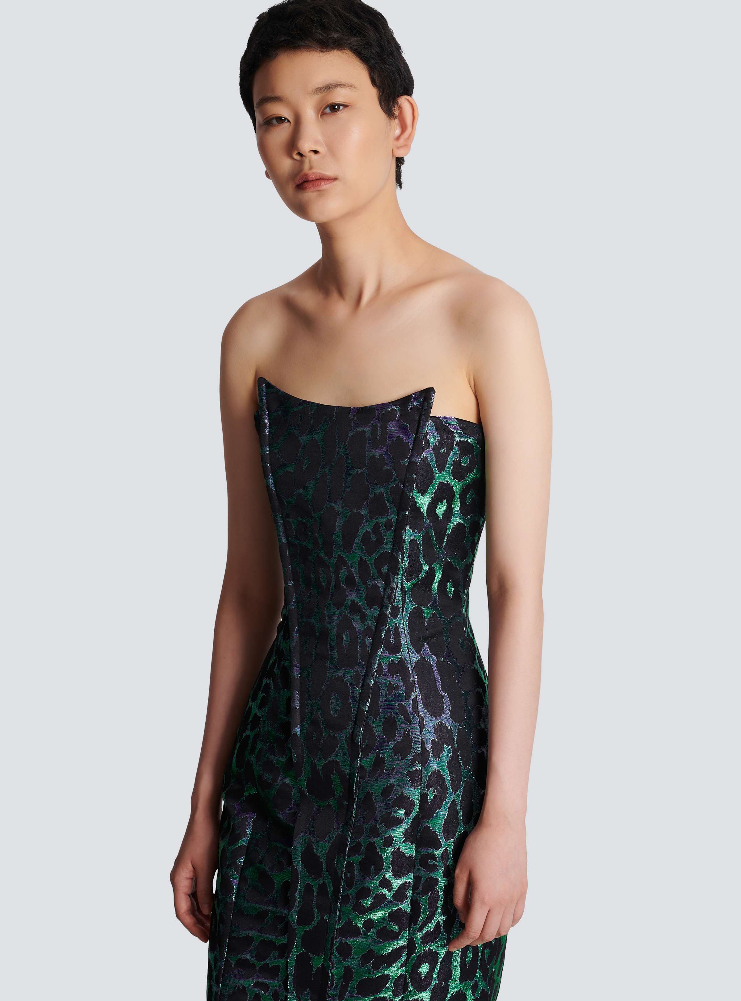 BALMAIN WOMEN'S IRIDESCENT LEOPARD BUSTIER LONG DRESS NWT - Image 5