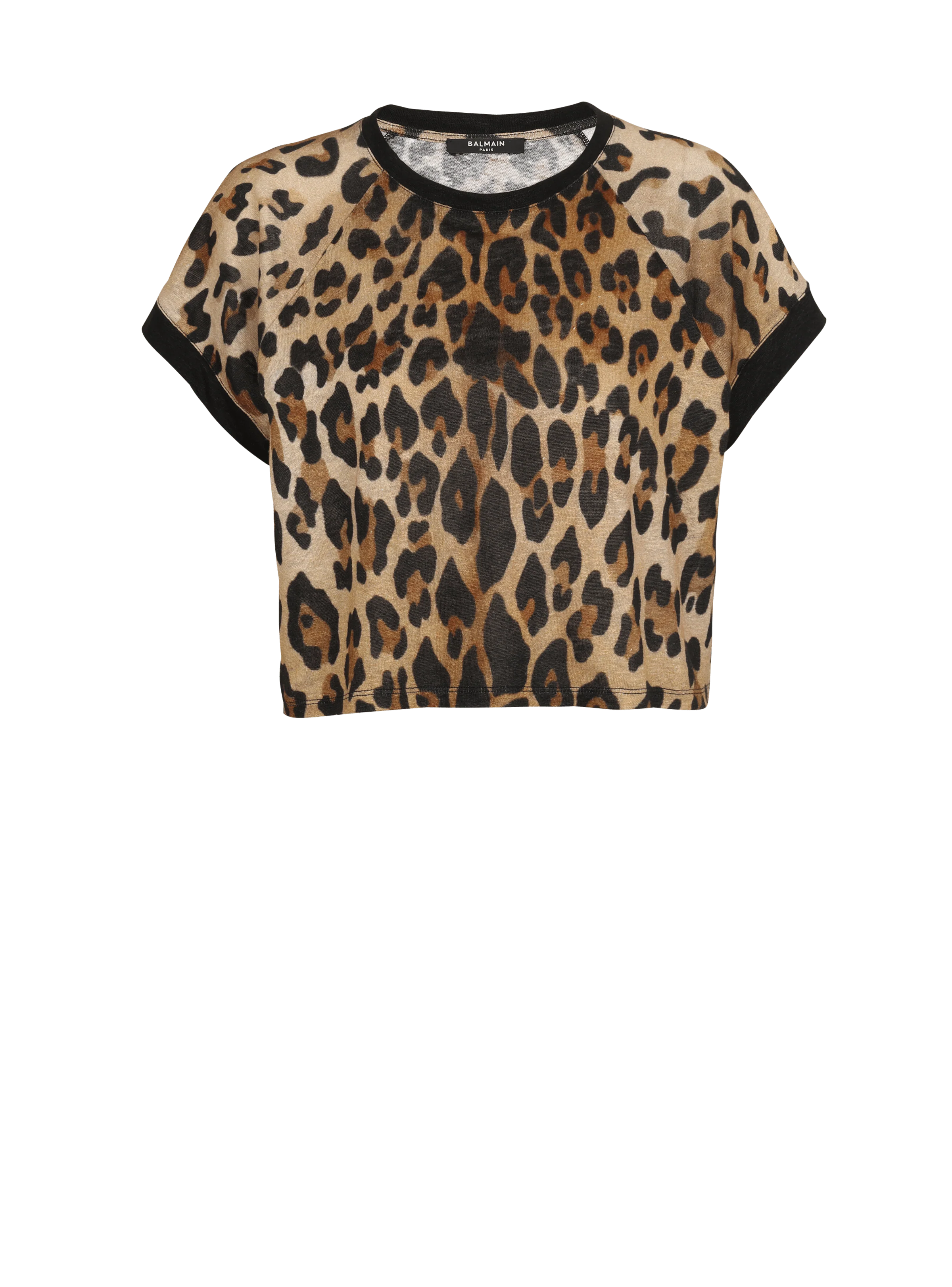 BALMAIN WOMEN'S LEOPARD PRINTED LINEN JERSEY CROPPED TS NWT