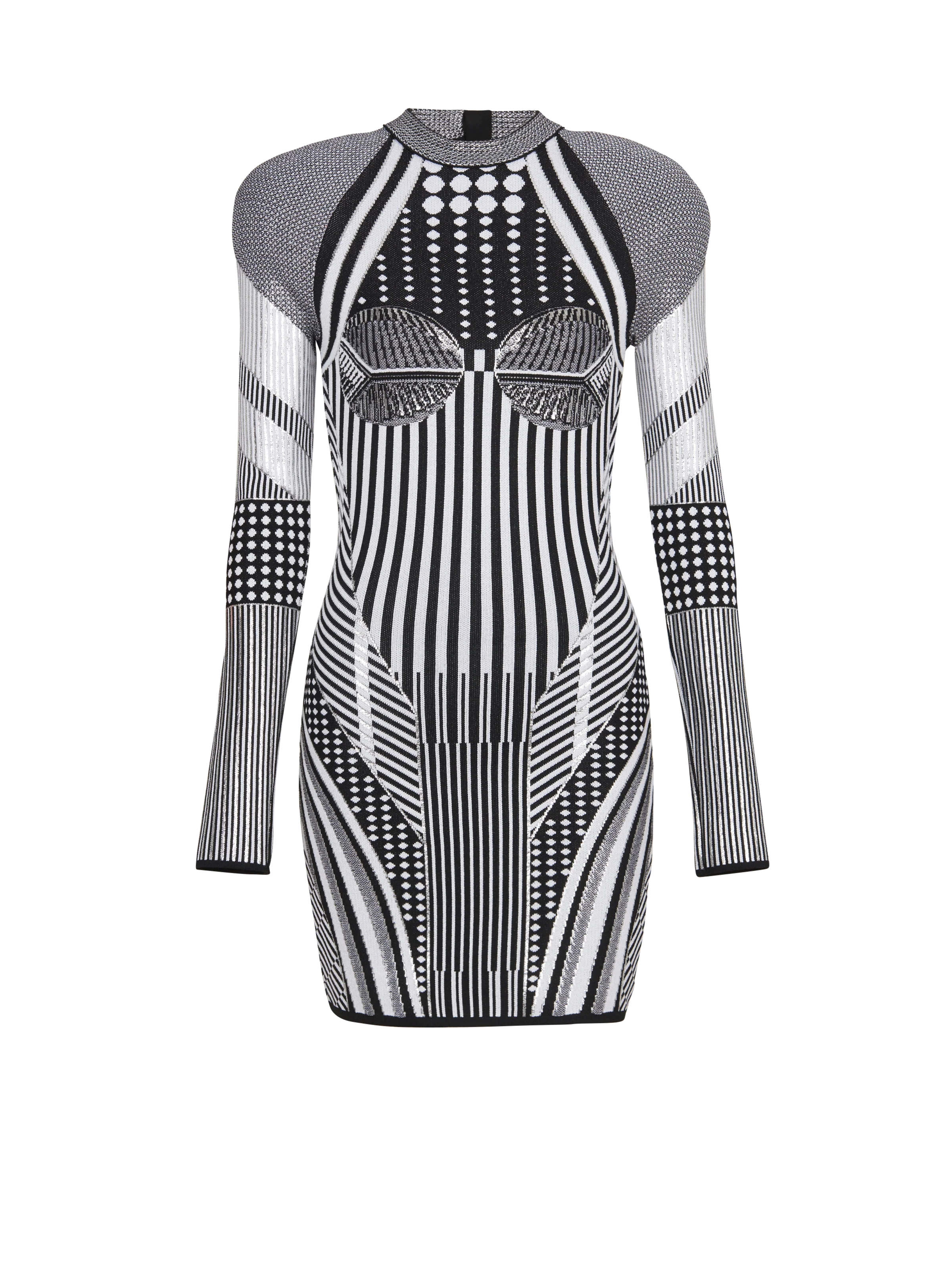 BALMAIN WOMEN'S LS BIKER SILVER KNIT SHORT DRESS NWT