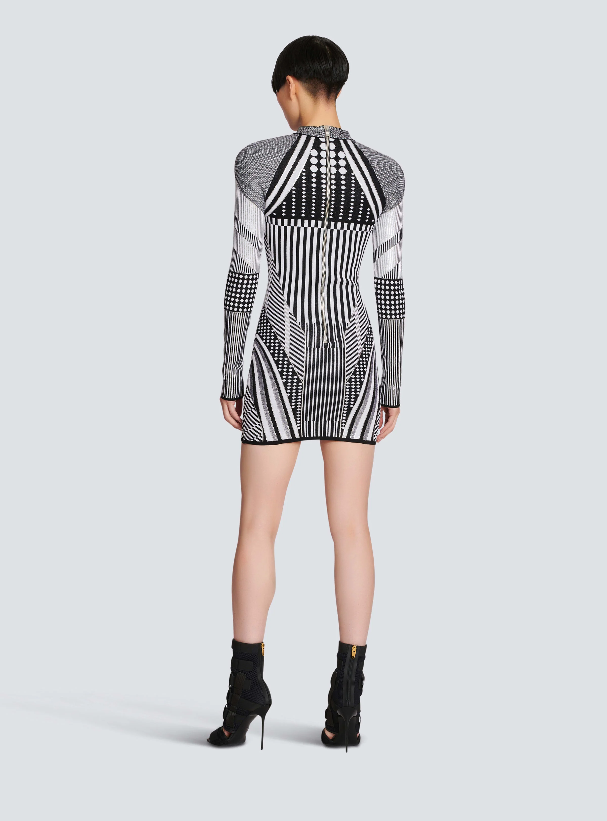 BALMAIN WOMEN'S LS BIKER SILVER KNIT SHORT DRESS NWT - Image 4