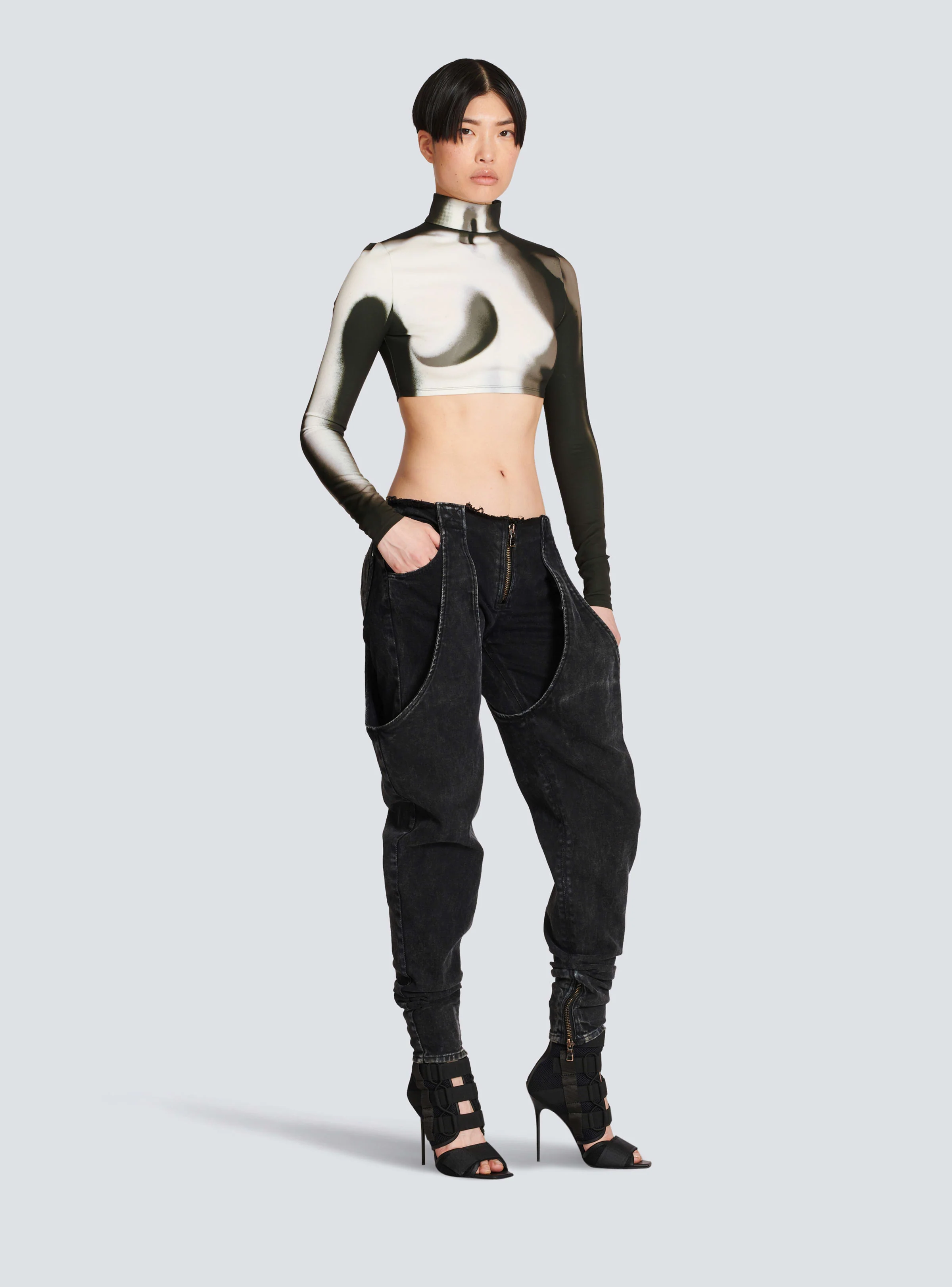 BALMAIN WOMEN'S LS BODY PRINT JERSEY CROPPED TOP NWT - Image 3
