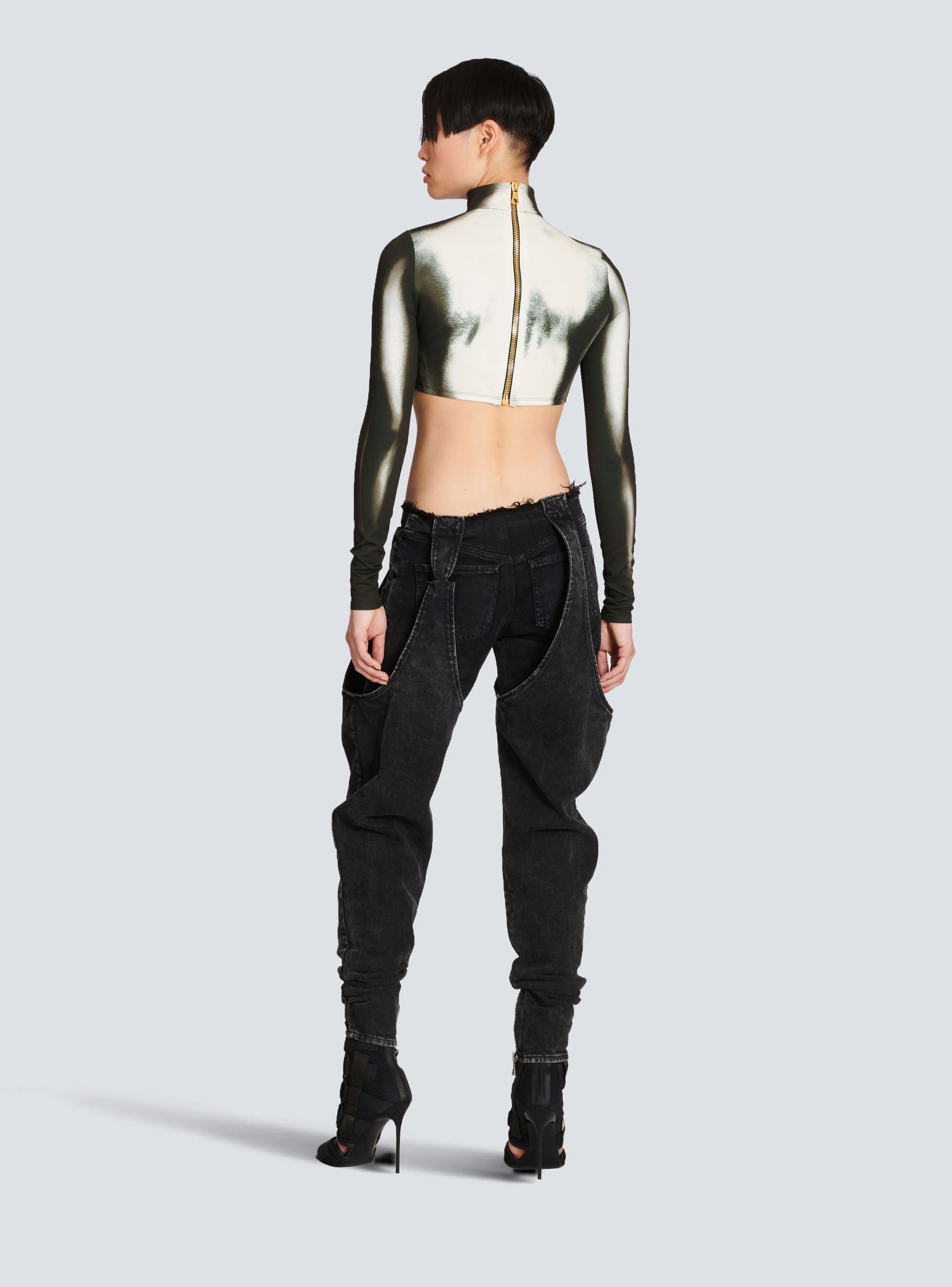 BALMAIN WOMEN'S LS BODY PRINT JERSEY CROPPED TOP NWT - Image 4