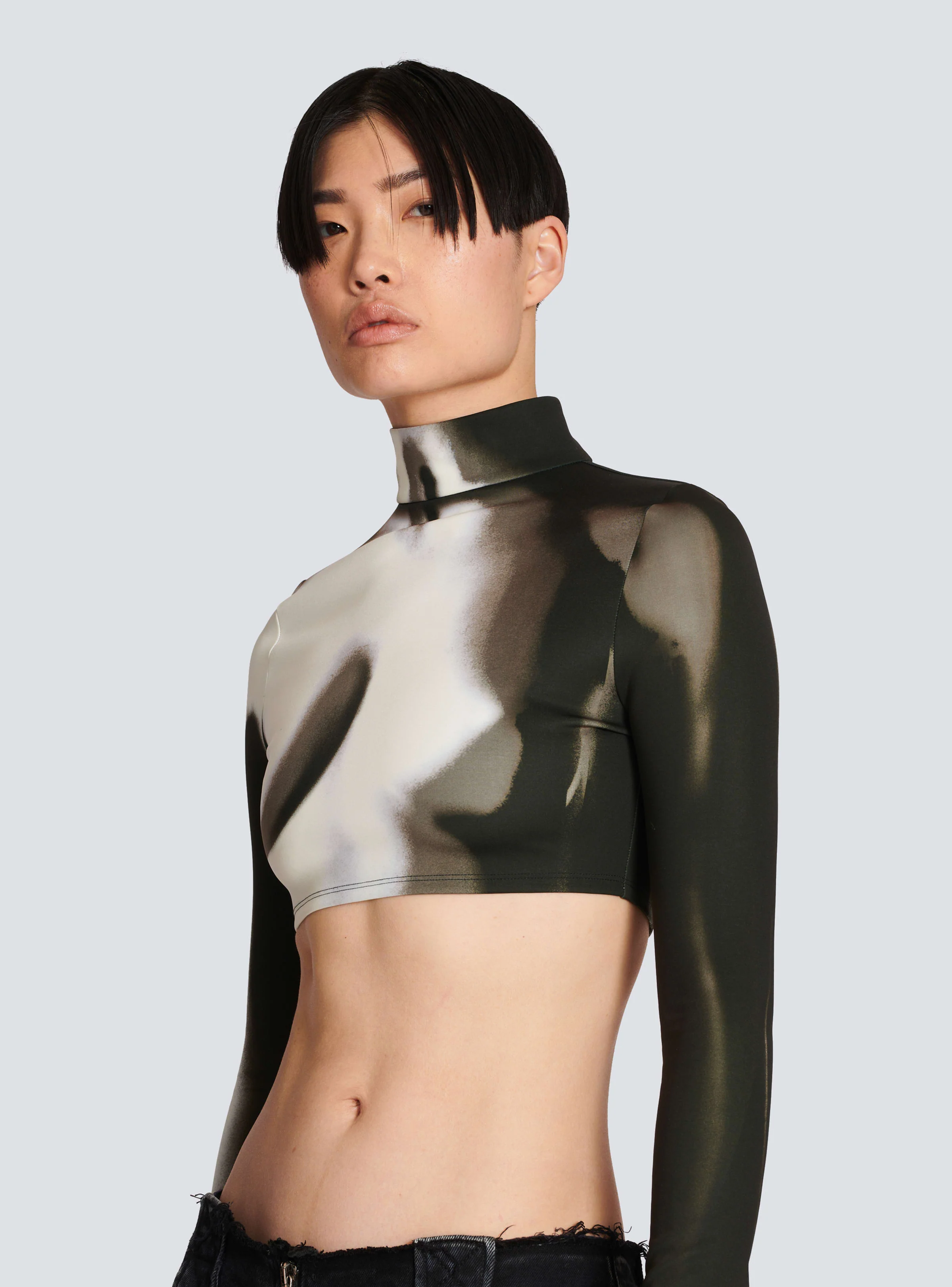 BALMAIN WOMEN'S LS BODY PRINT JERSEY CROPPED TOP NWT - Image 6
