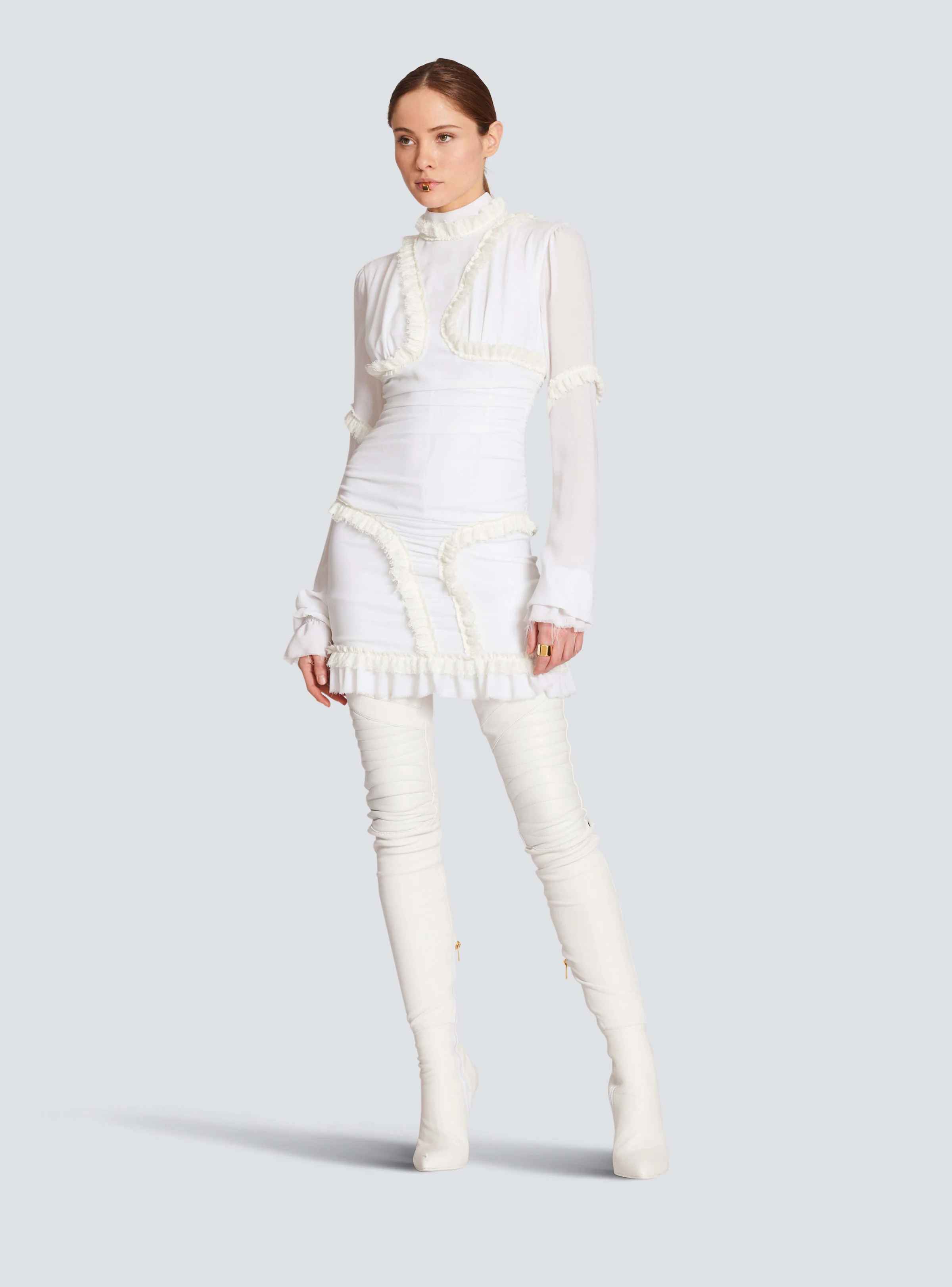 BALMAIN WOMEN'S NATURAL CREPE RUFFLED MINI DRESS - Image 2