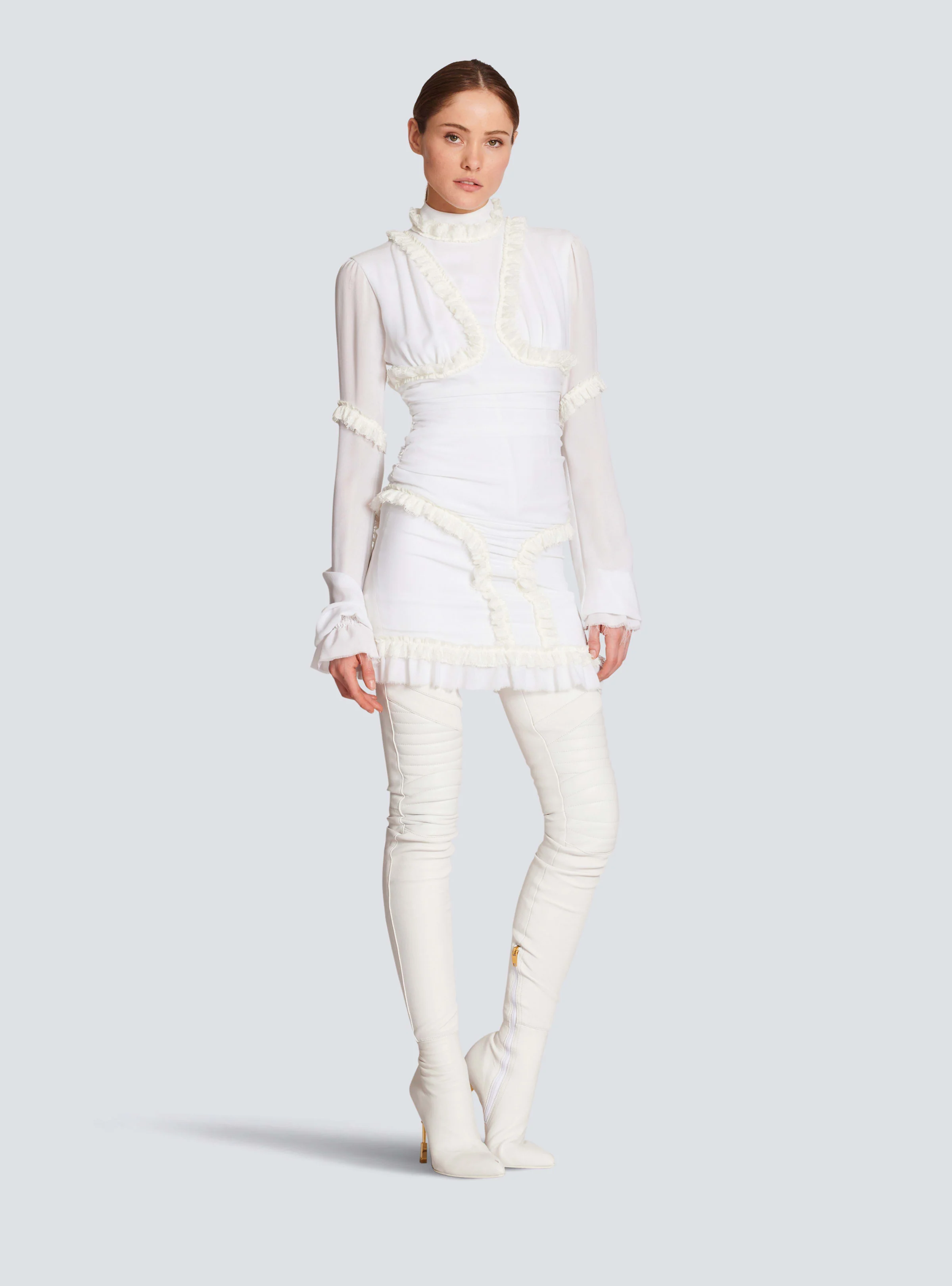 BALMAIN WOMEN'S NATURAL CREPE RUFFLED MINI DRESS - Image 3