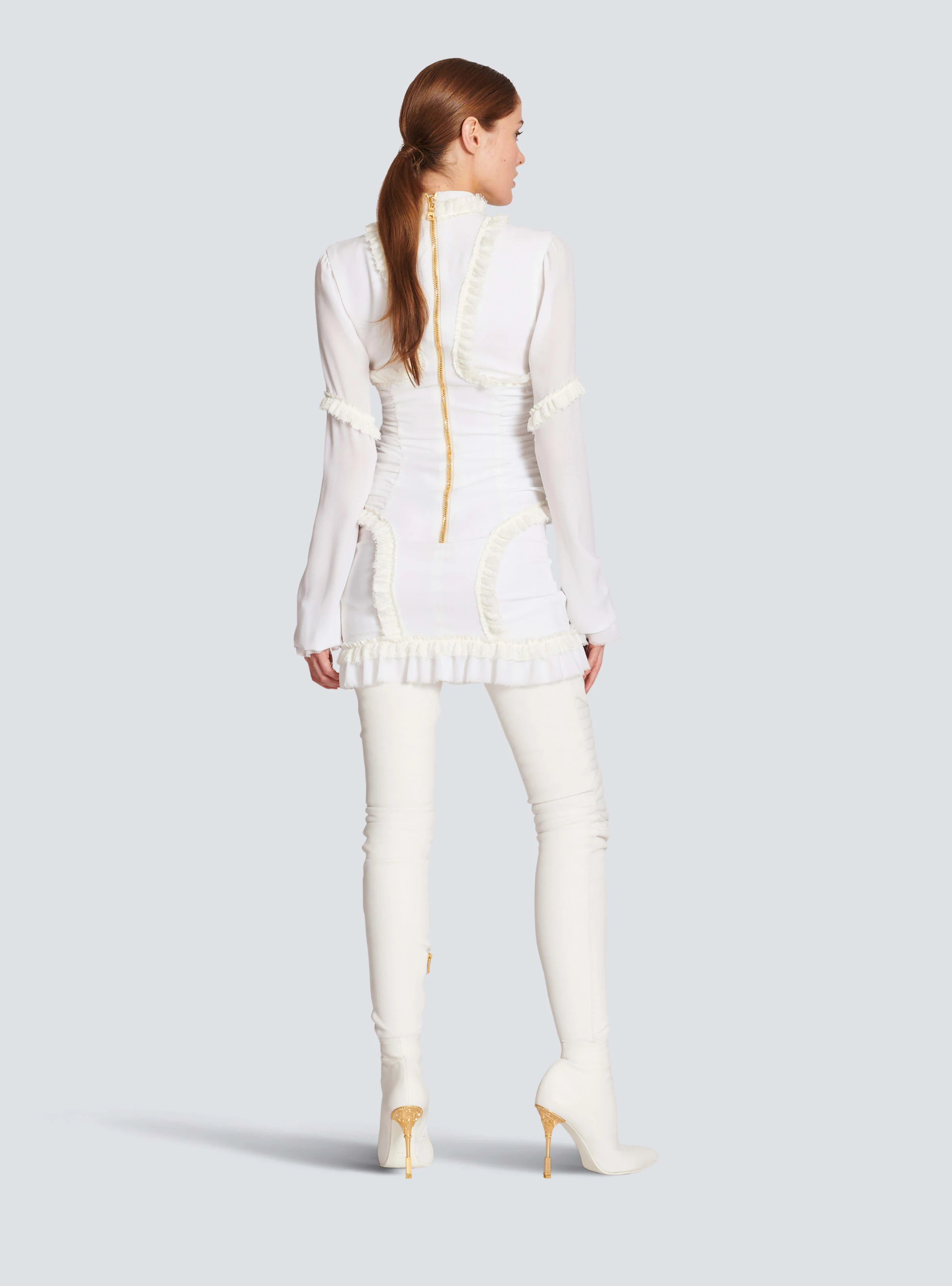 BALMAIN WOMEN'S NATURAL CREPE RUFFLED MINI DRESS - Image 4