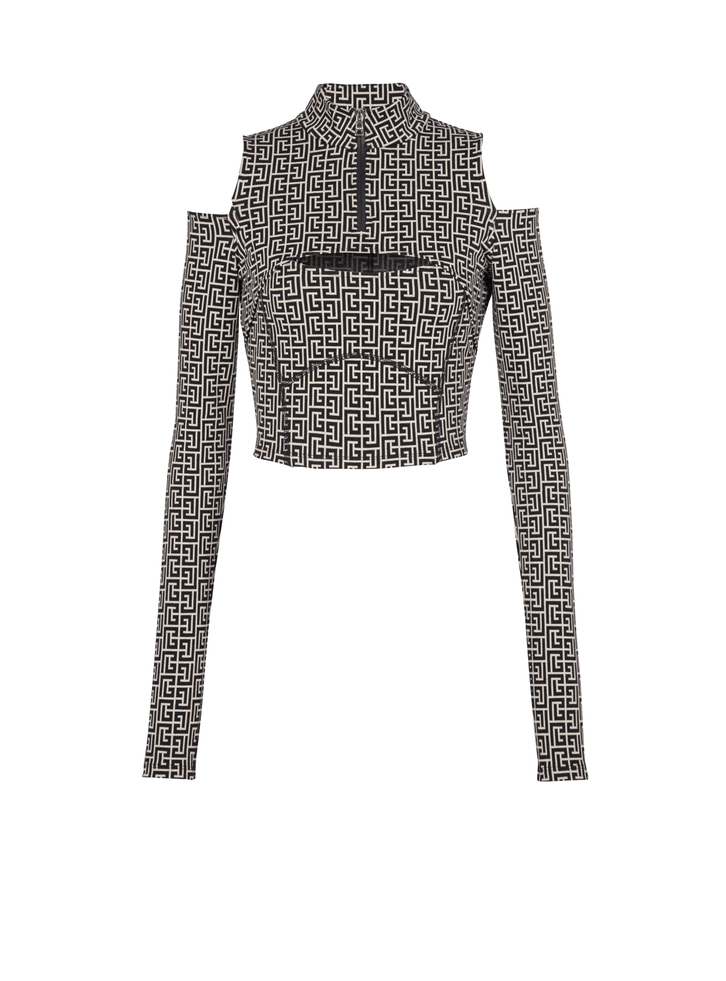 BALMAIN WOMEN'S LS CUT MONOGRAM JERSEY CROPPED TOP NWT