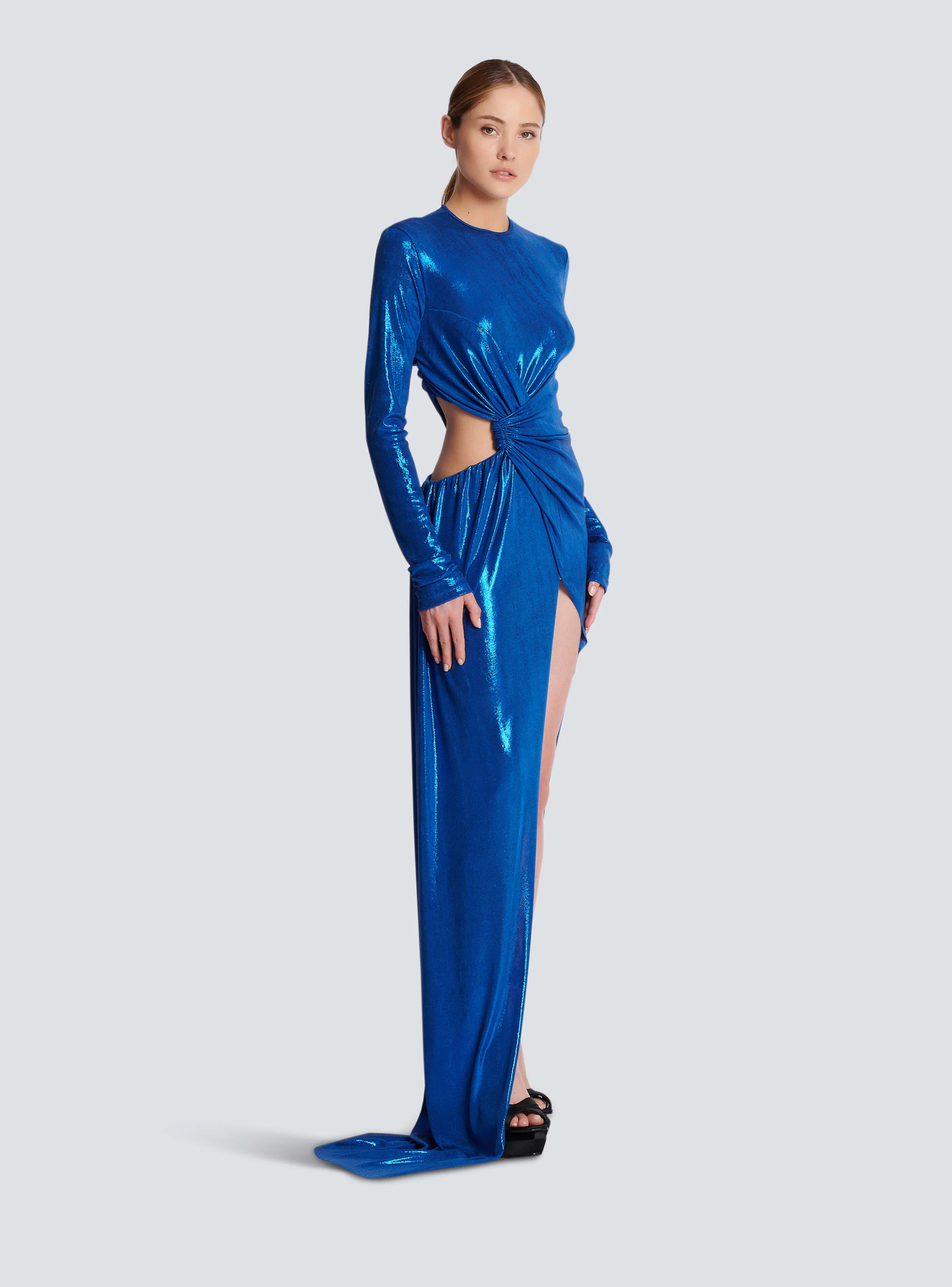 BALMAIN WOMEN'S ELECTRIC BLUE DRAPED LONG DRESS - Image 3