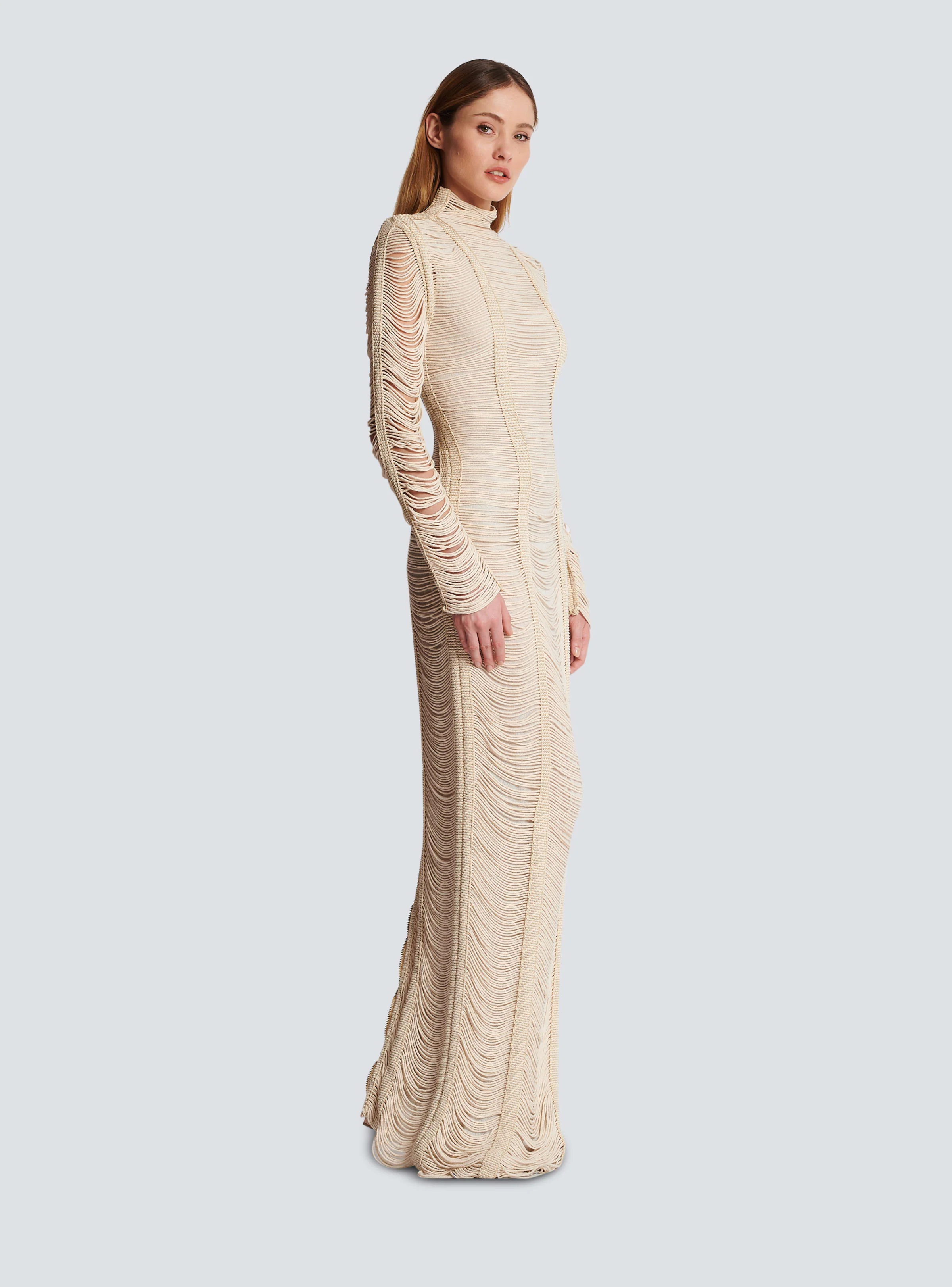 BALMAIN WOMEN'S NATURAL MACRAME KNIT LONG DRESS - Image 3