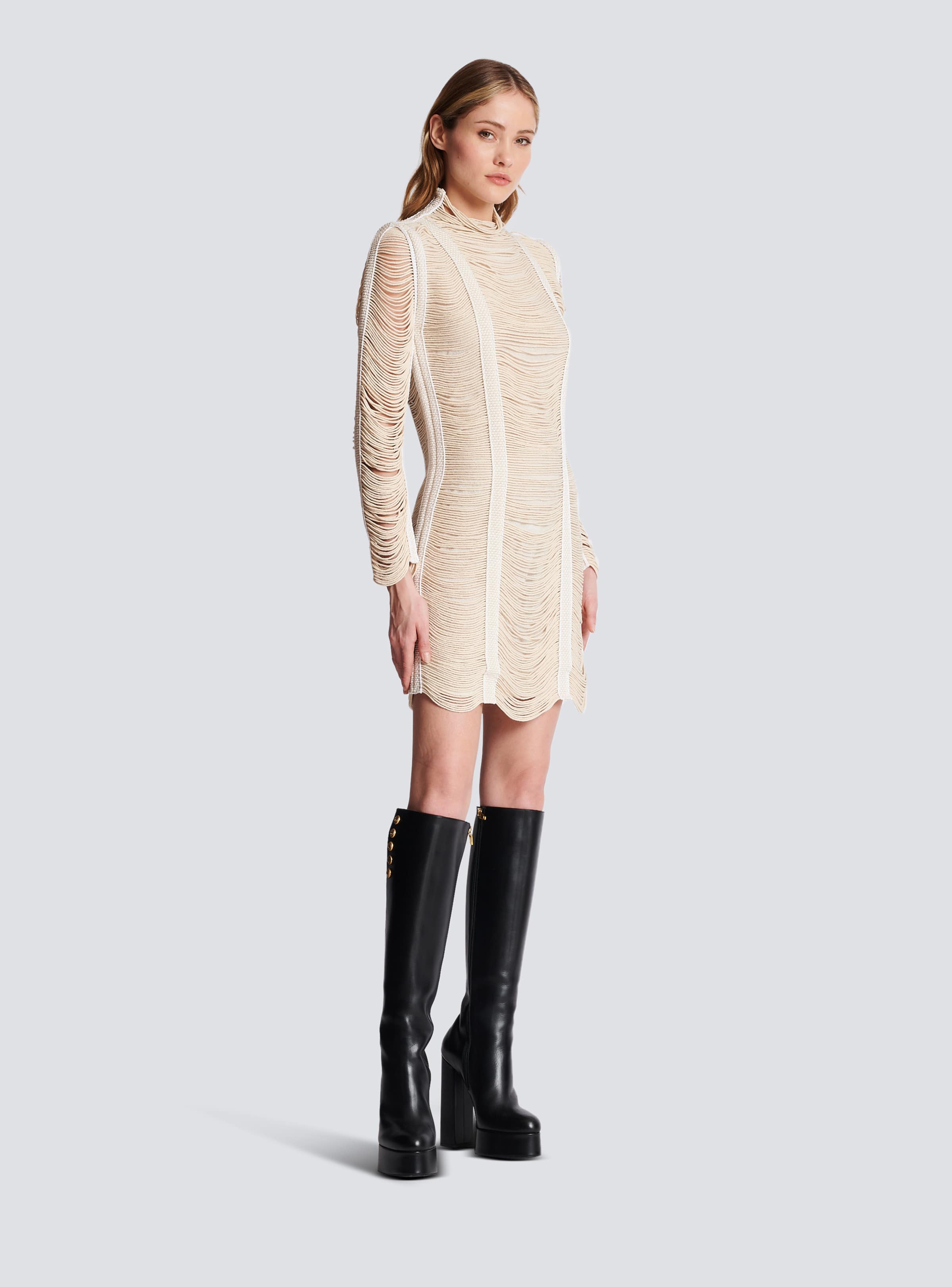 BALMAIN WOMEN'S NATURAL MACRAME KNIT SHORT DRESS - Image 3