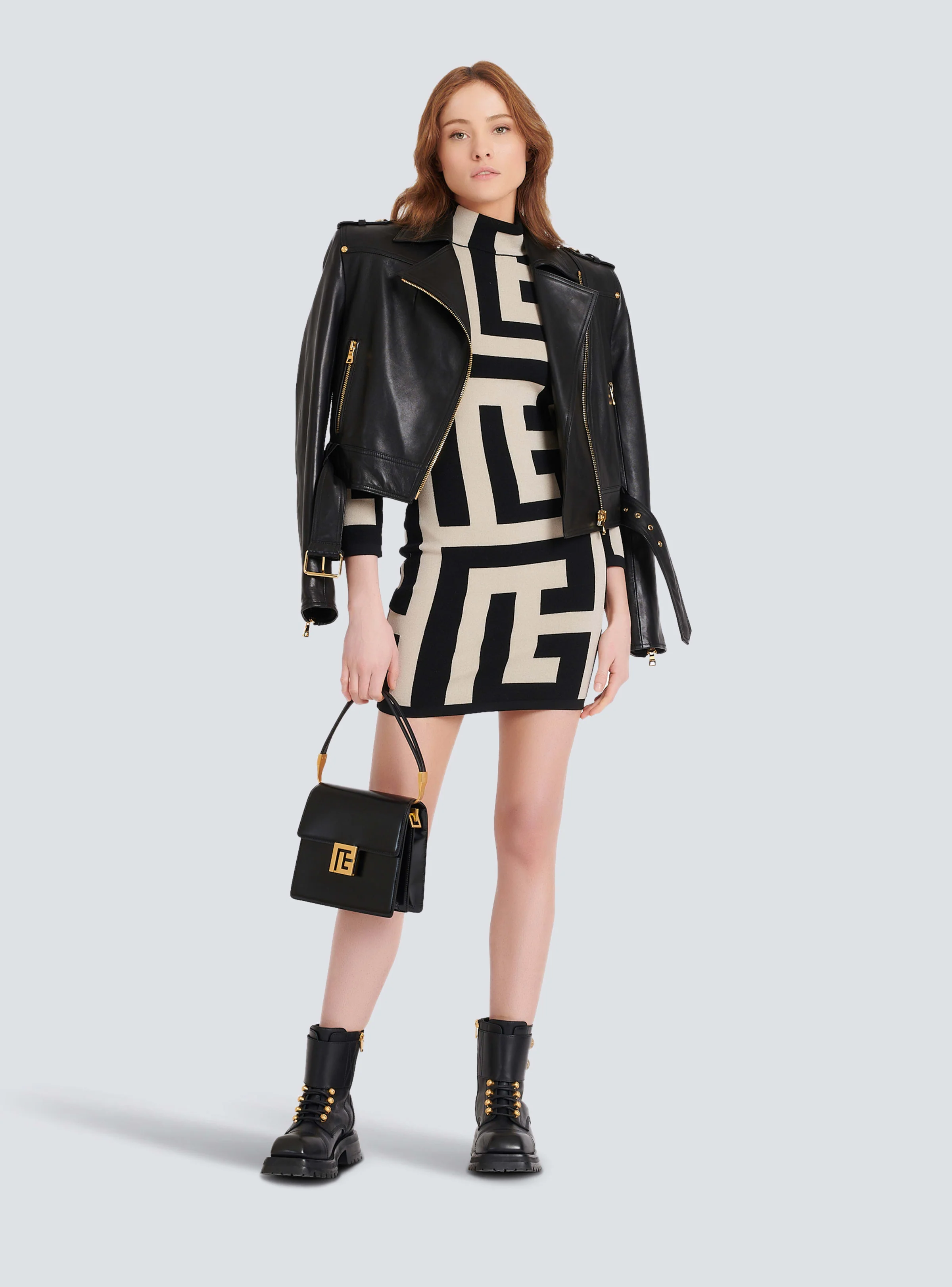 BALMAIN WOMEN'S LS MEGA MONOGRAM KNIT SHORT DRESS NWT - Image 2