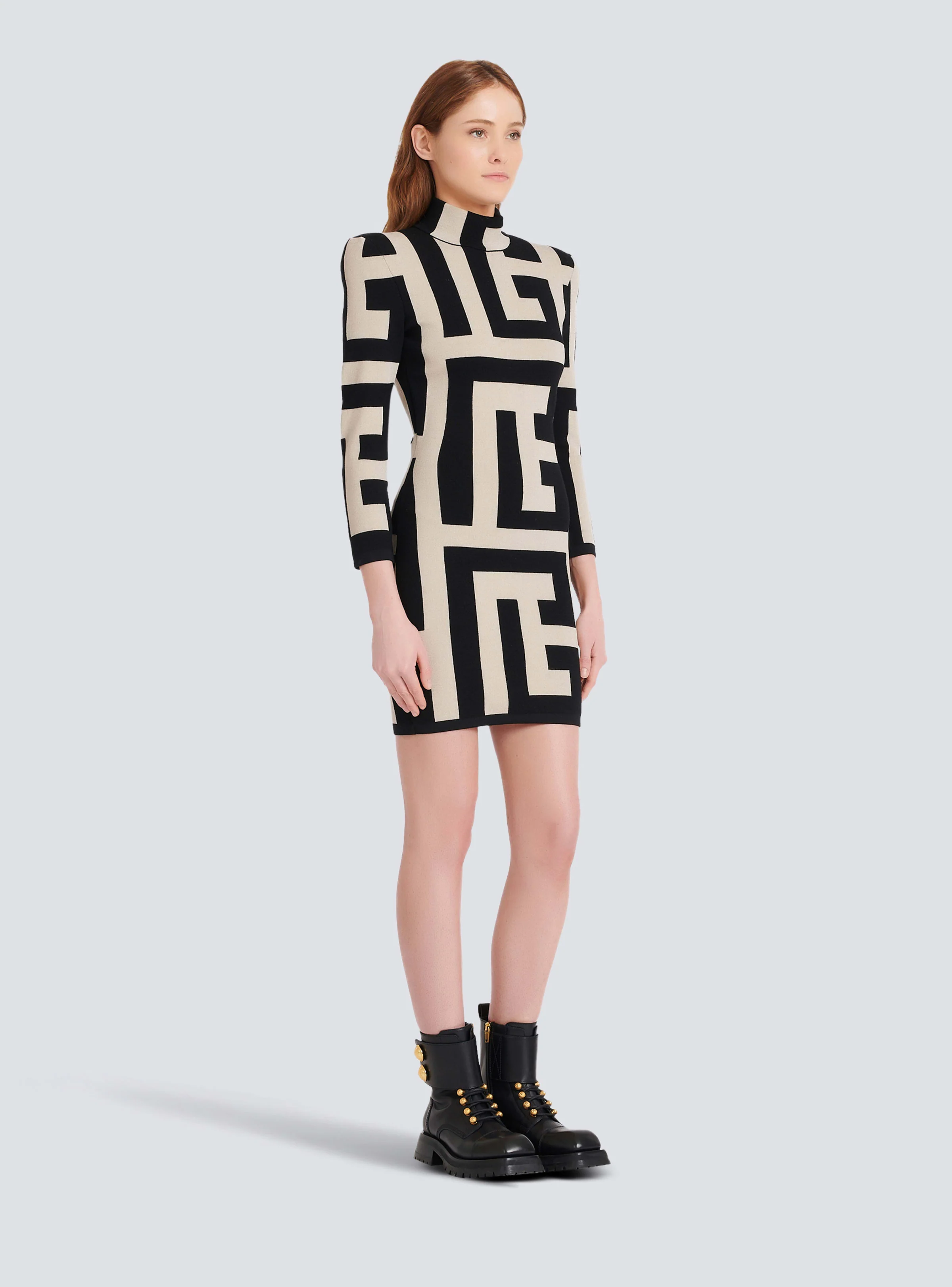 BALMAIN WOMEN'S LS MEGA MONOGRAM KNIT SHORT DRESS NWT - Image 3