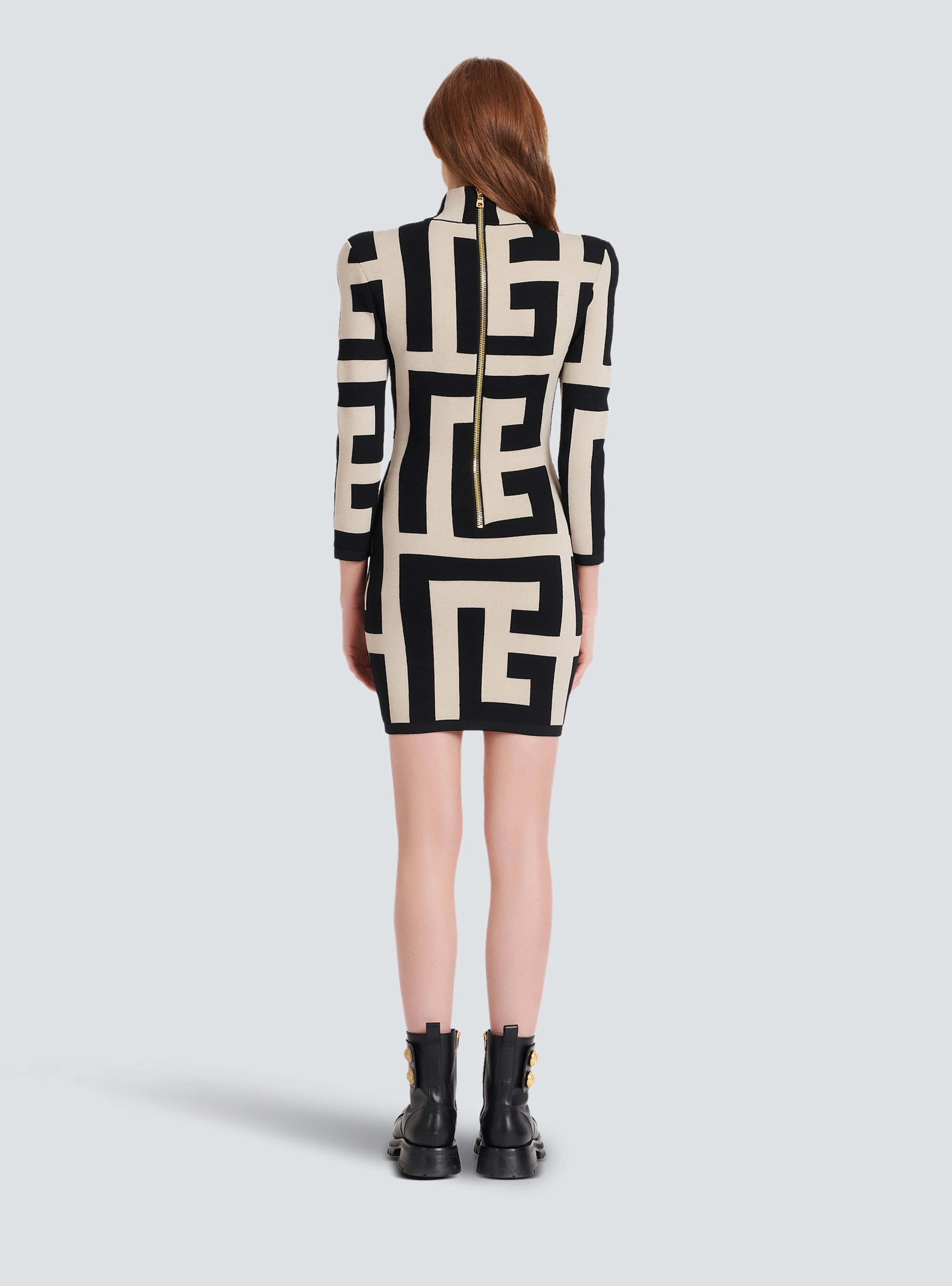 BALMAIN WOMEN'S LS MEGA MONOGRAM KNIT SHORT DRESS NWT - Image 4