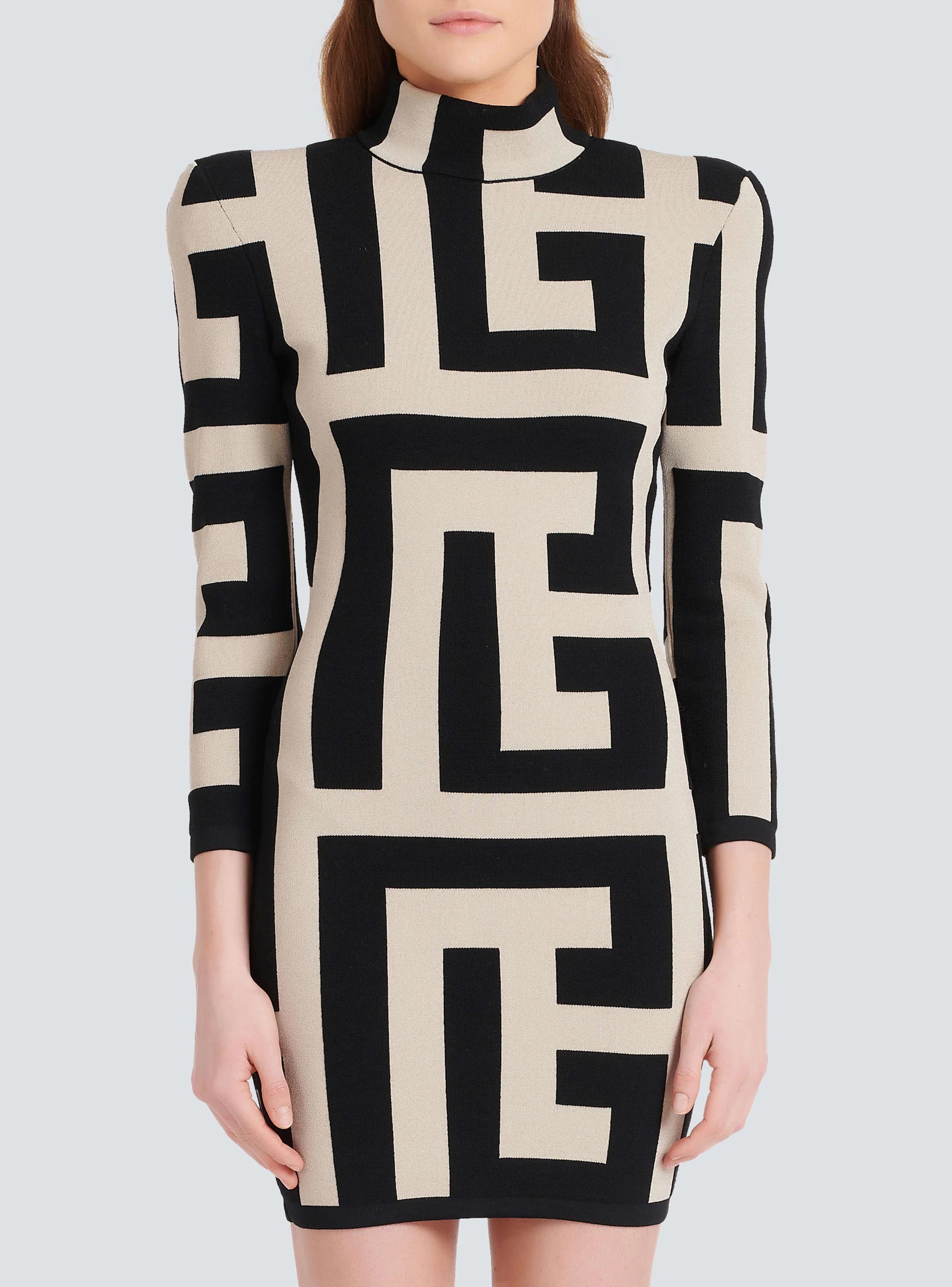 BALMAIN WOMEN'S LS MEGA MONOGRAM KNIT SHORT DRESS NWT - Image 5