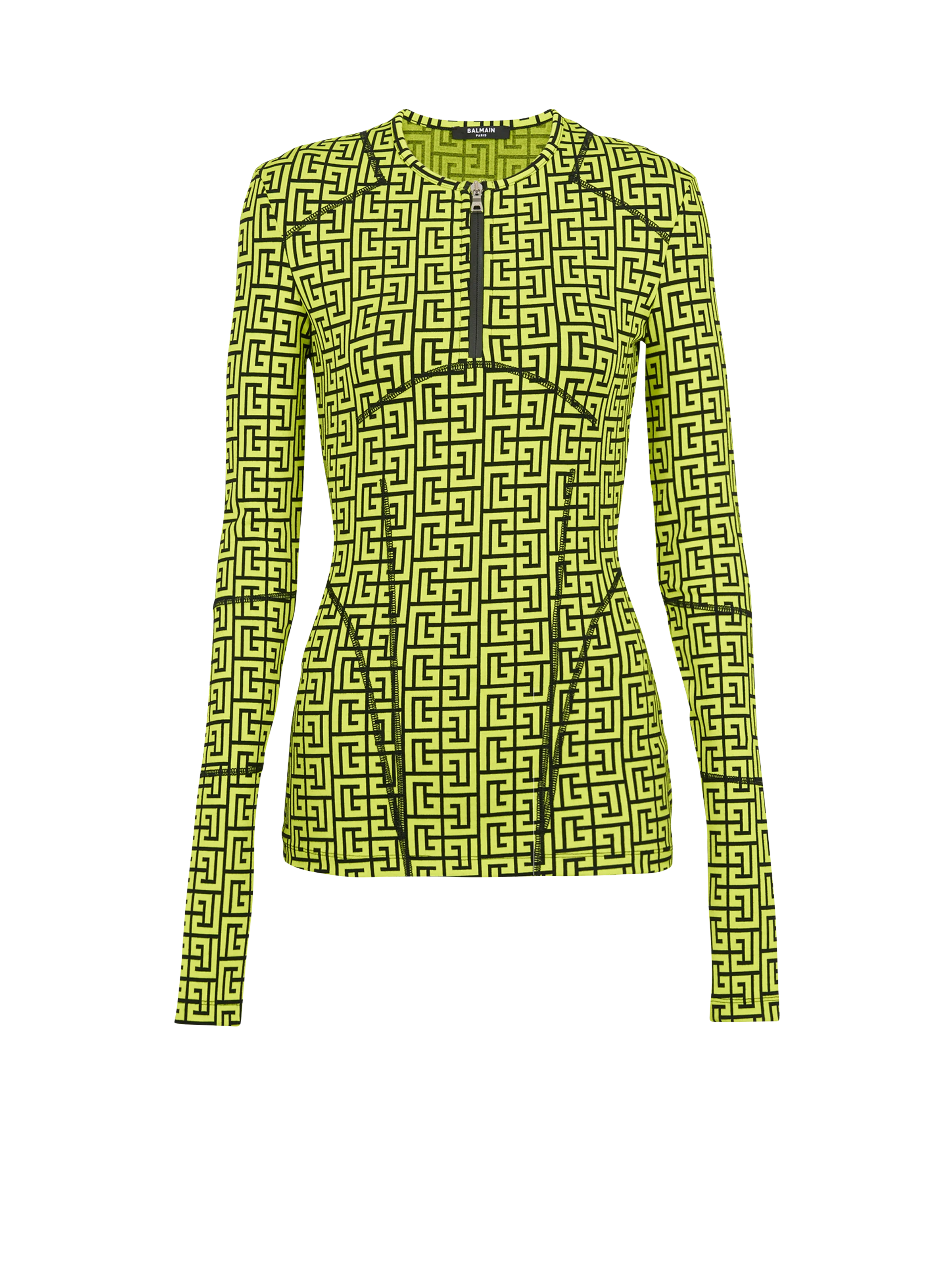 BALMAIN WOMEN'S BLACK NEON YELLOW MONOGRAM ZIPPED TOP