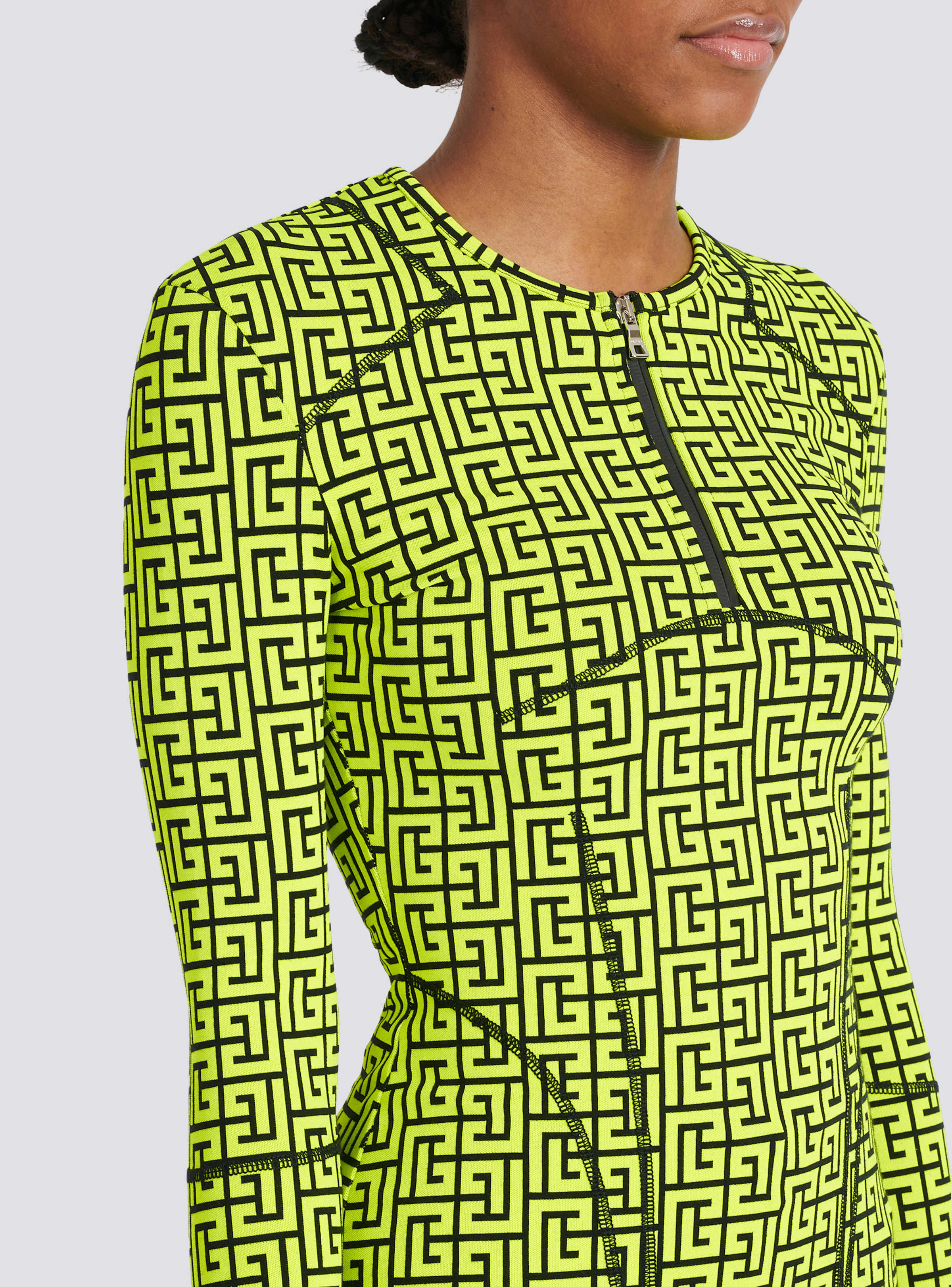 BALMAIN WOMEN'S BLACK NEON YELLOW MONOGRAM ZIPPED TOP - Image 6