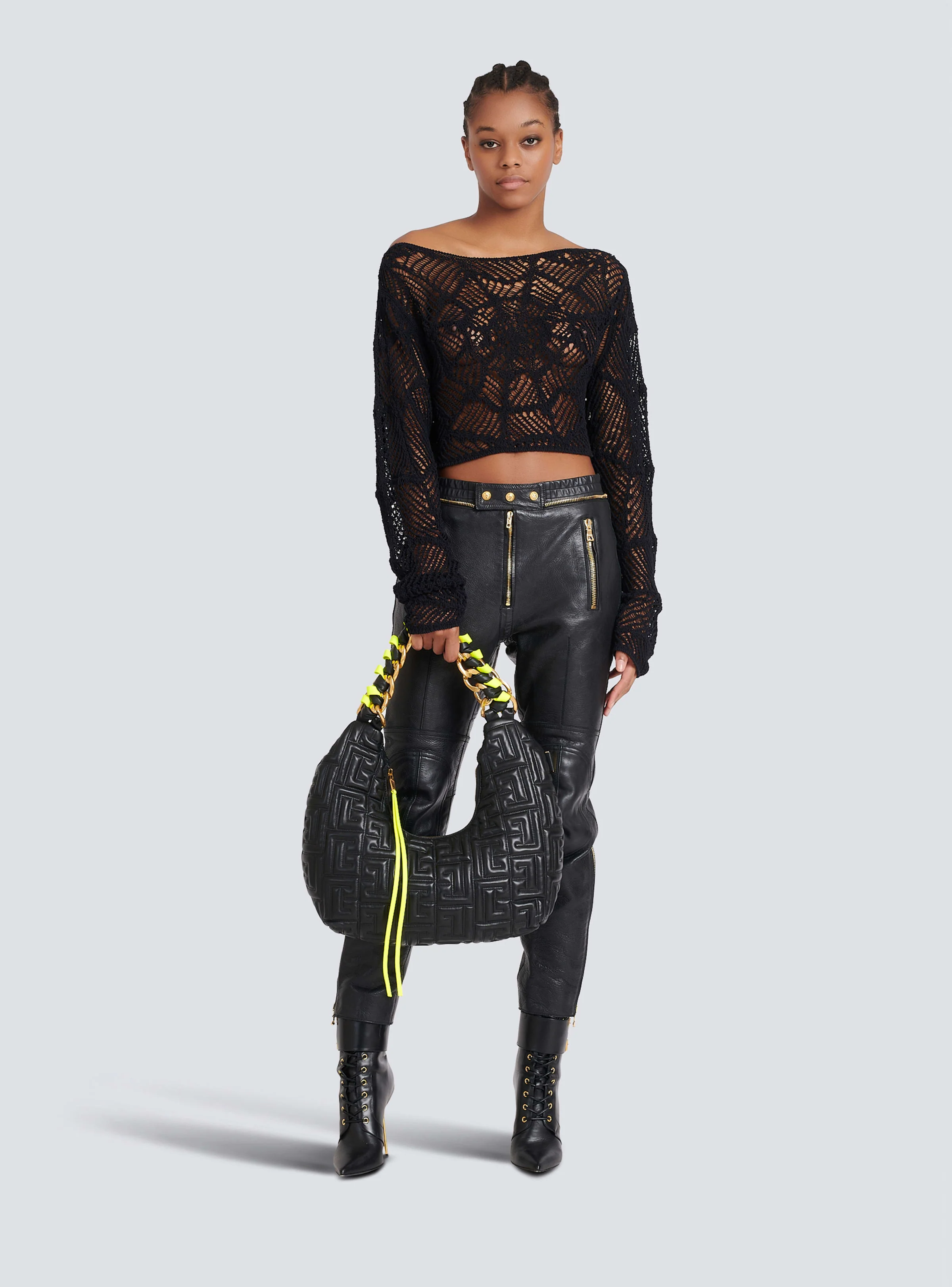 BALMAIN WOMEN'S LS OFF SHOULDER CROPPED CROCHET KNIT TOP NWT - Image 2