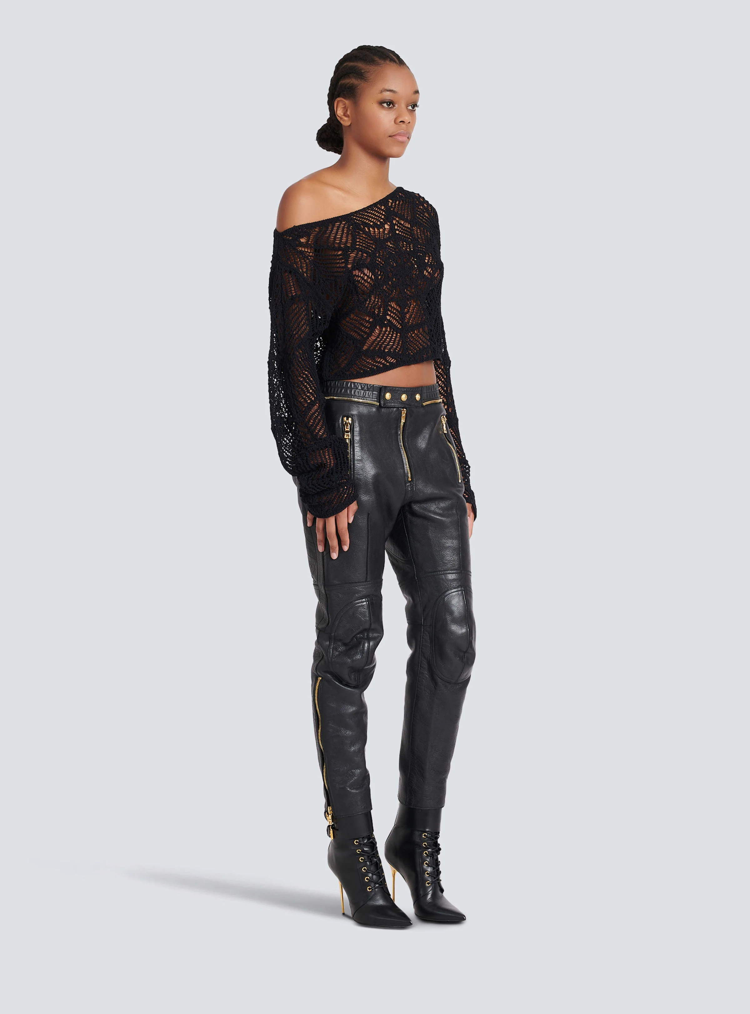 BALMAIN WOMEN'S LS OFF SHOULDER CROPPED CROCHET KNIT TOP NWT - Image 3