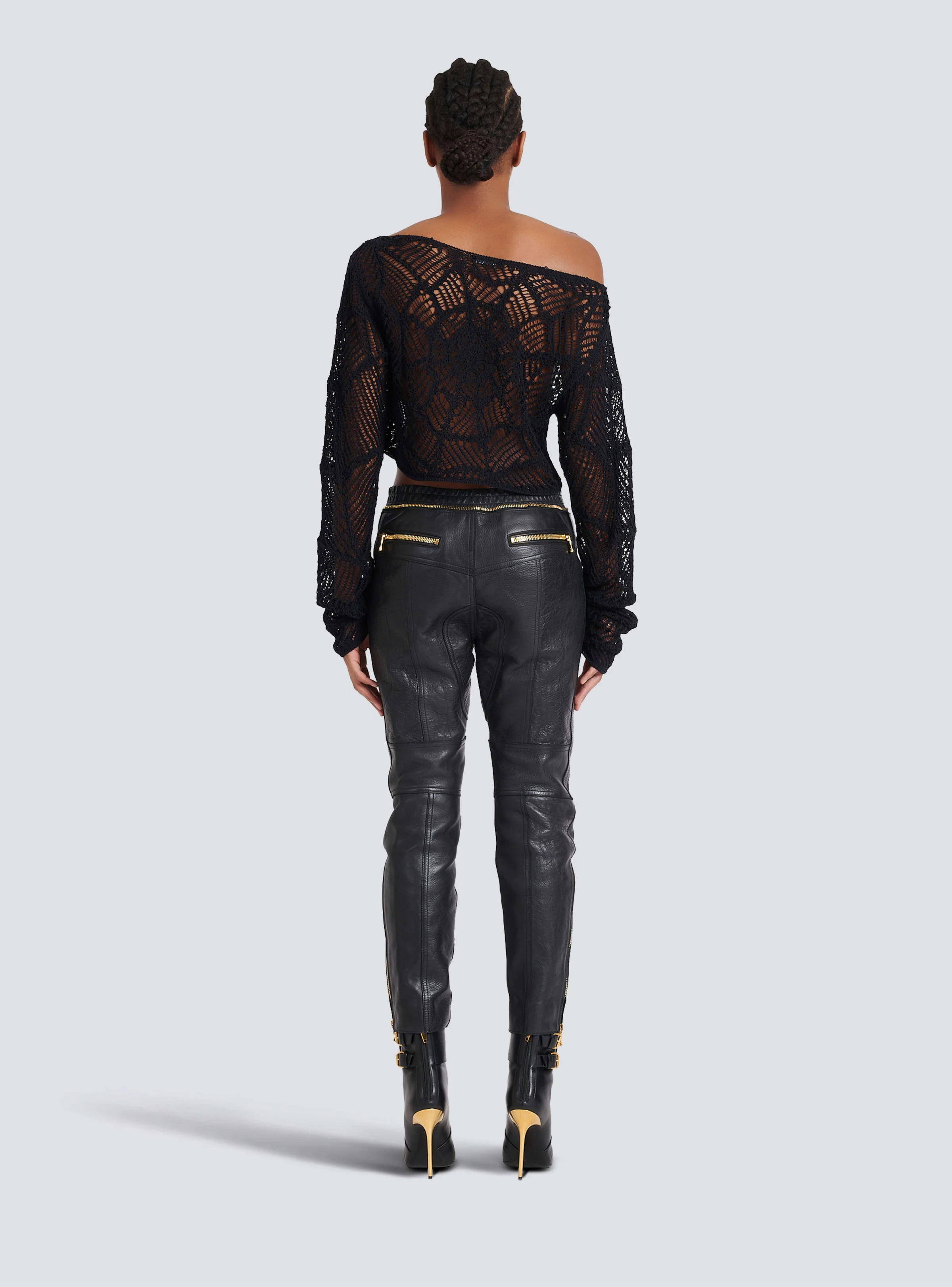 BALMAIN WOMEN'S LS OFF SHOULDER CROPPED CROCHET KNIT TOP NWT - Image 4