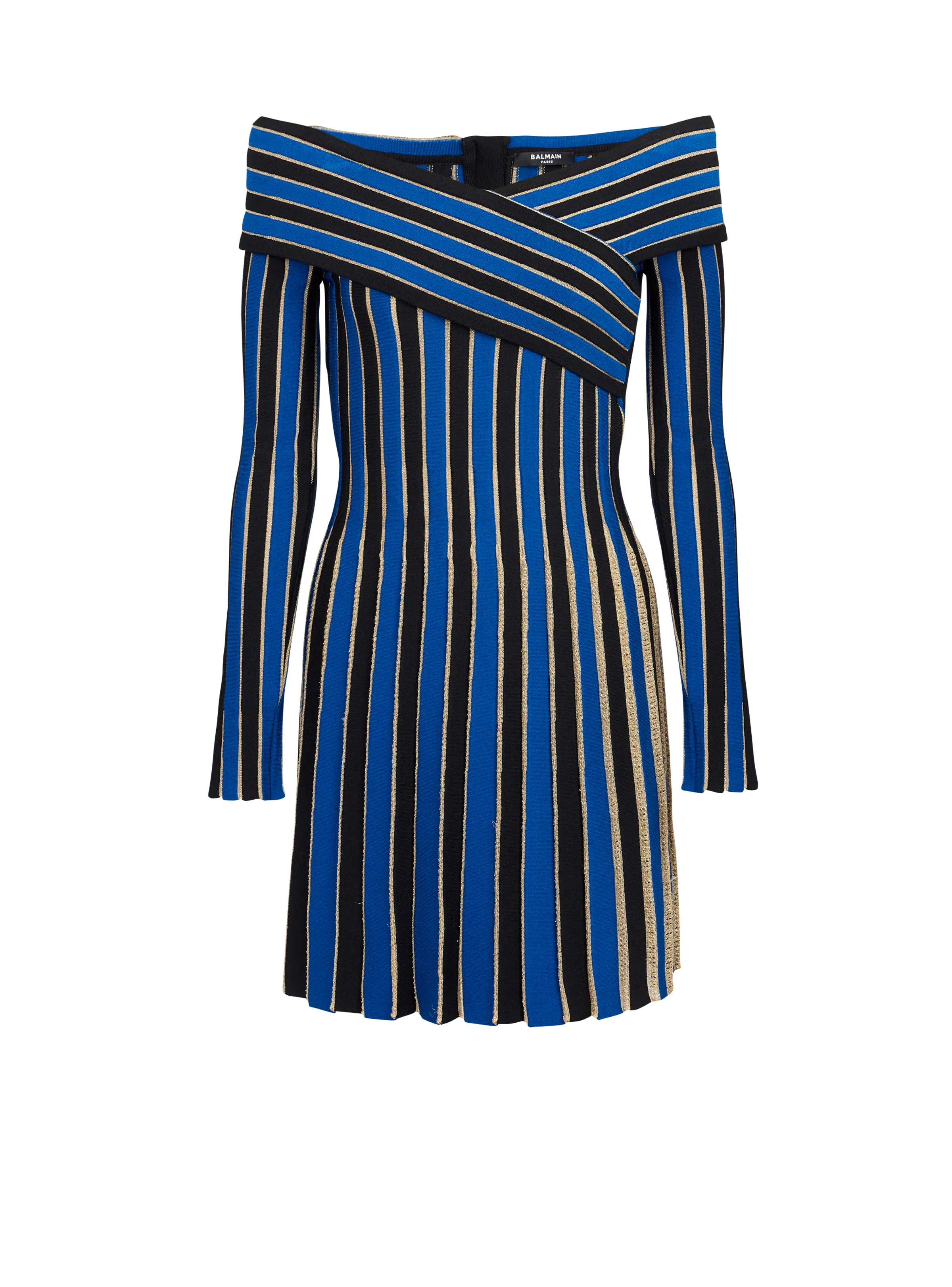 BALMAIN WOMEN'S ELECTRIC BLUE LUREX OFF-SHOULDER PLEATED DRESS