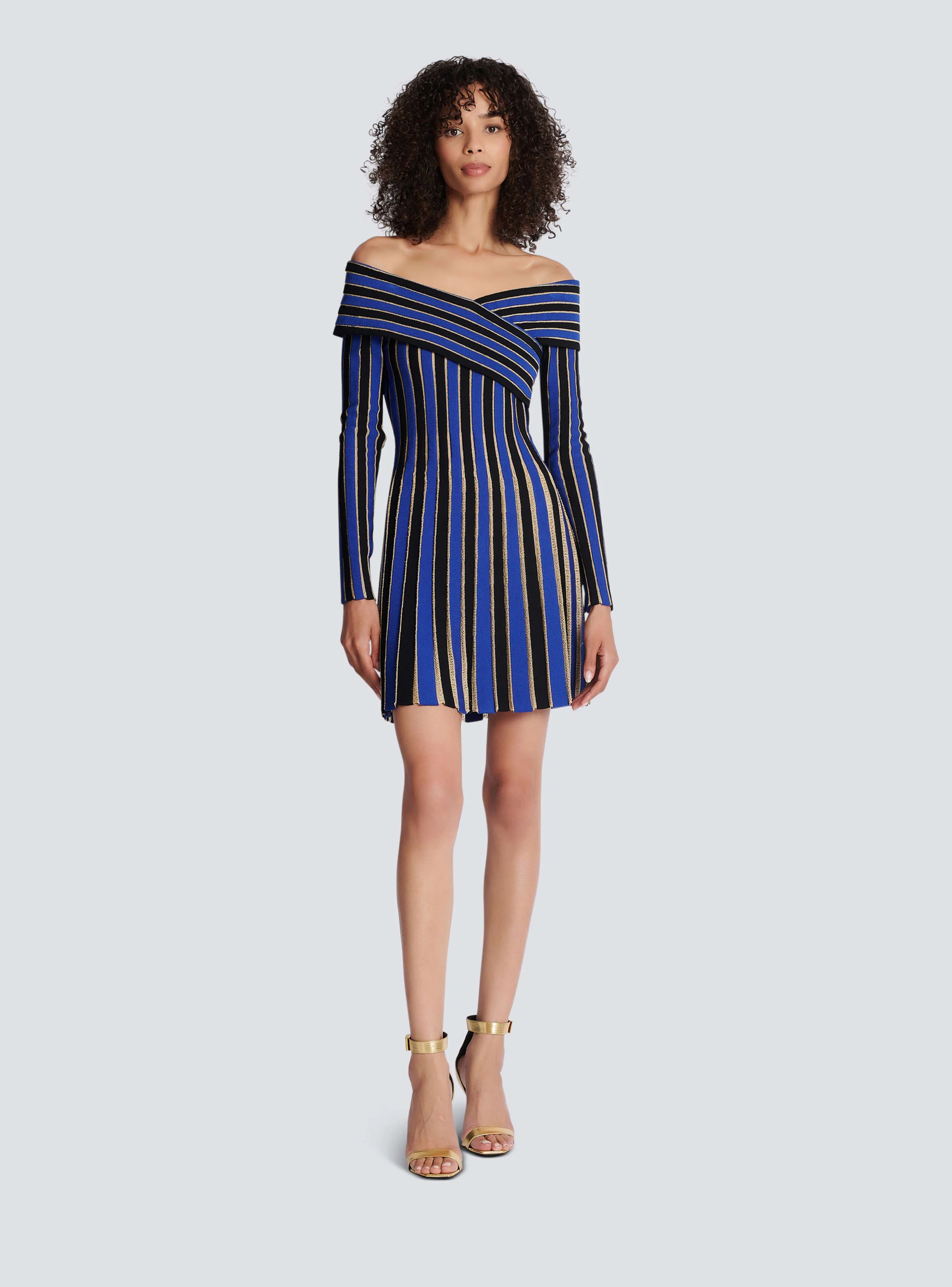 BALMAIN WOMEN'S ELECTRIC BLUE LUREX OFF-SHOULDER PLEATED DRESS - Image 2
