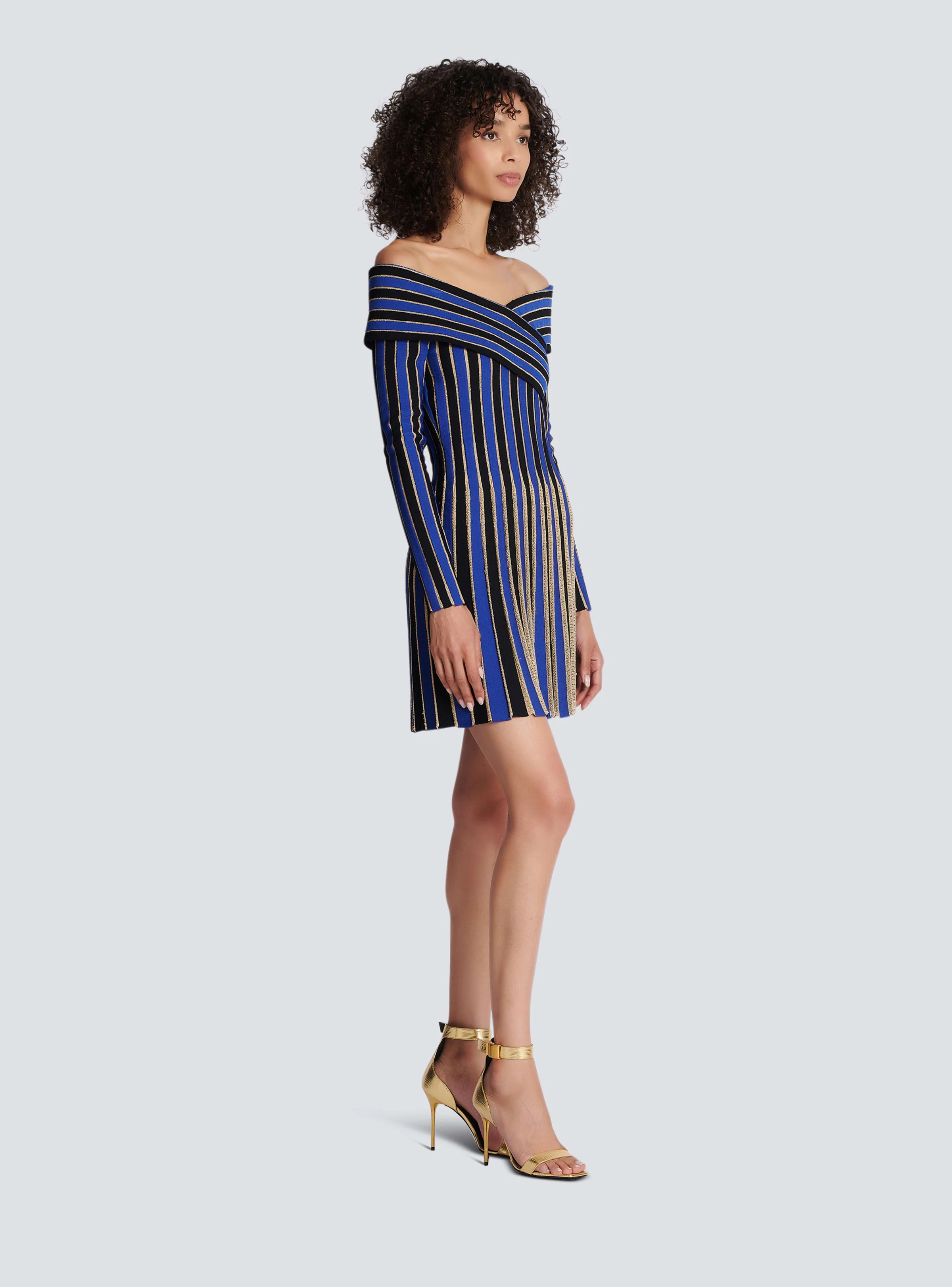 BALMAIN WOMEN'S ELECTRIC BLUE LUREX OFF-SHOULDER PLEATED DRESS - Image 3