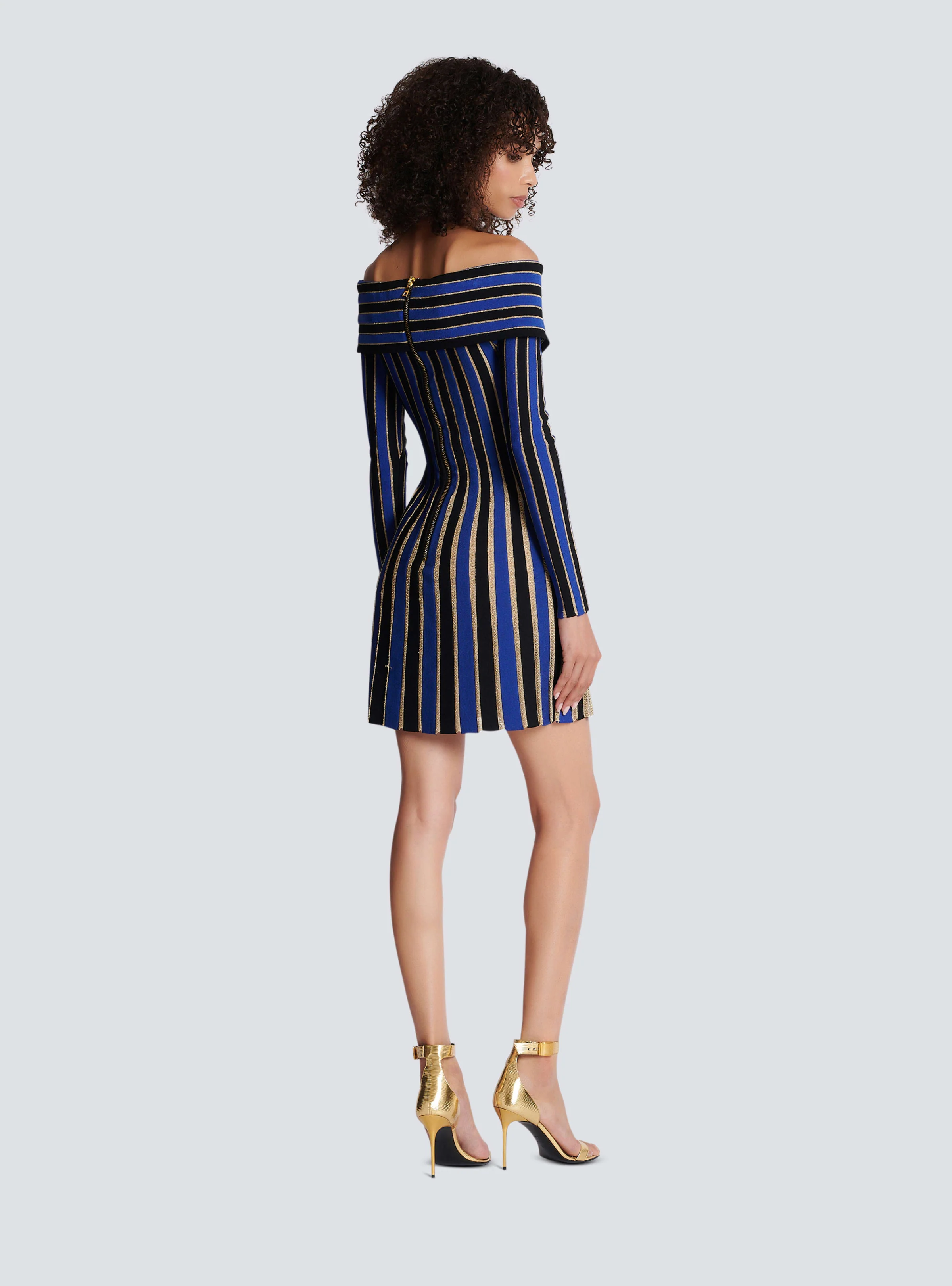 BALMAIN WOMEN'S ELECTRIC BLUE LUREX OFF-SHOULDER PLEATED DRESS - Image 4