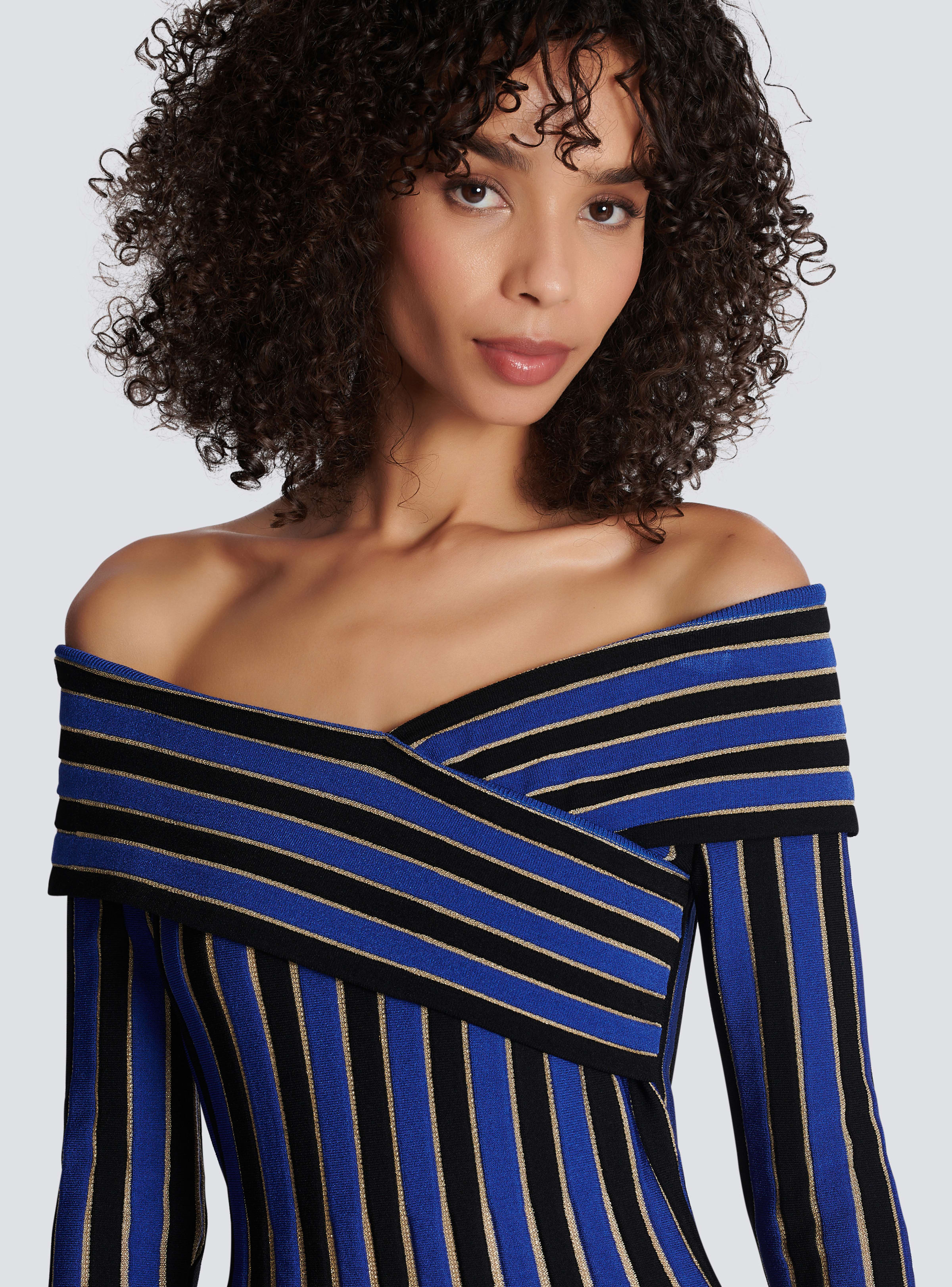 BALMAIN WOMEN'S ELECTRIC BLUE LUREX OFF-SHOULDER PLEATED DRESS - Image 5